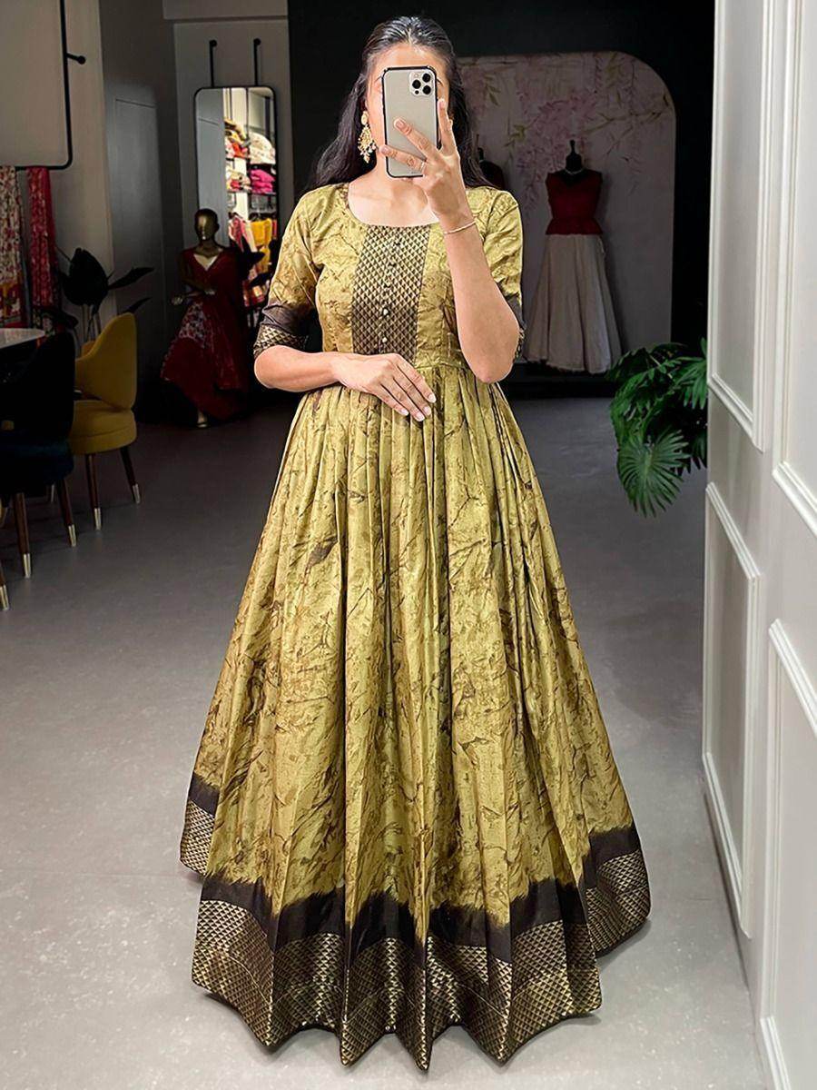 Alluring Mehendi Green Shibori Print Silk Readymade Classic Gown - Zeel Clothing