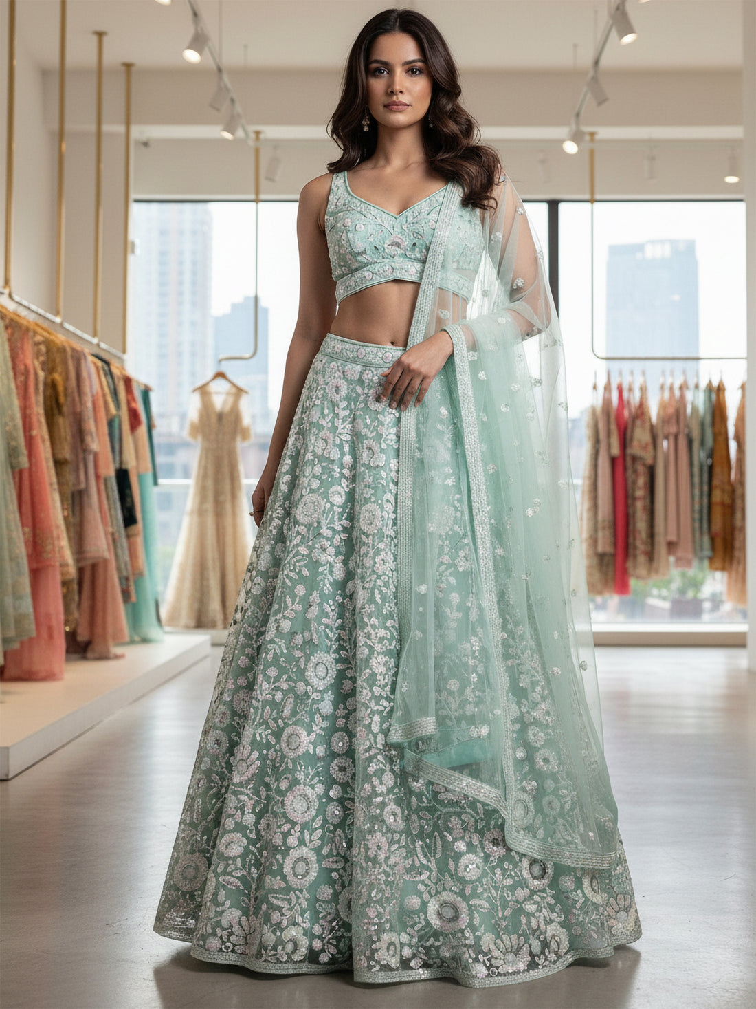 Alluring Mint Green Sequins Net Reception Wear Lehenga With Blouse