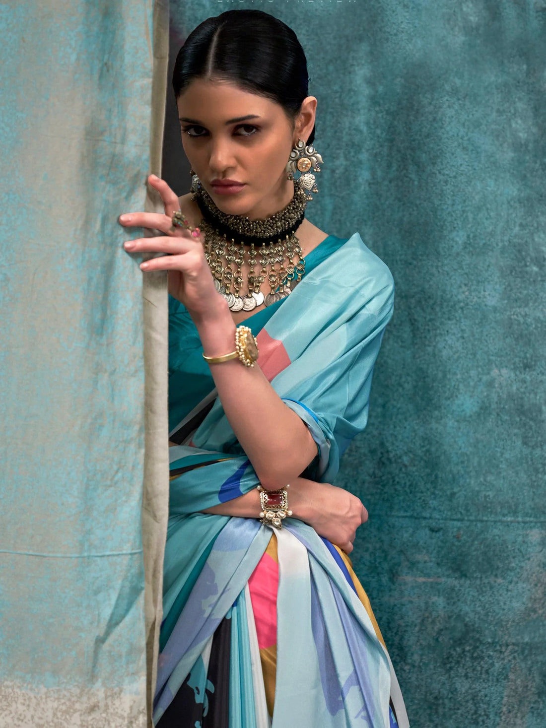 Alluring Multi-Color Digital Printed Crape Cocktail Party Wear Saree