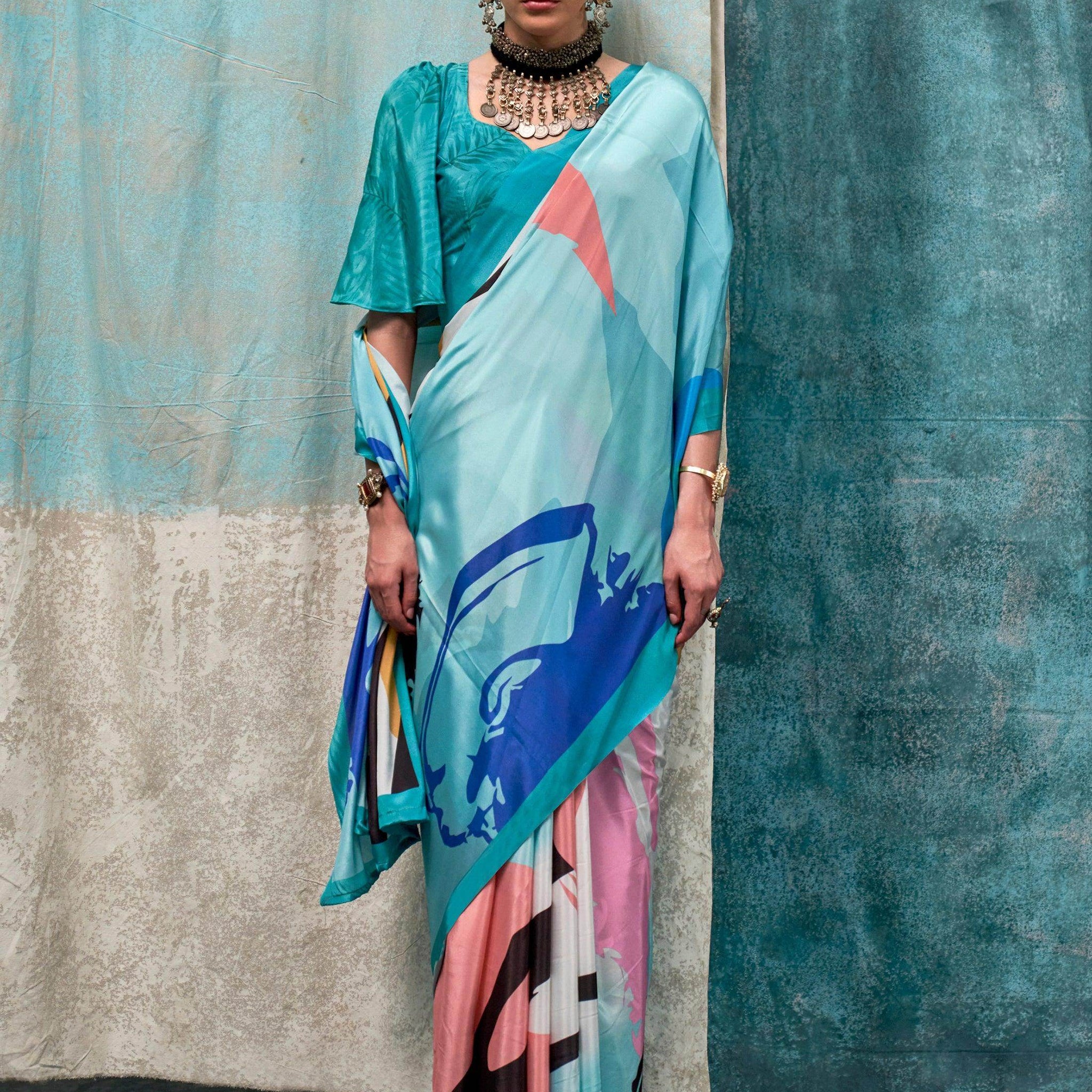 Alluring Multi-Color Digital Printed Crape Cocktail Party Wear Saree - Zeel Clothing