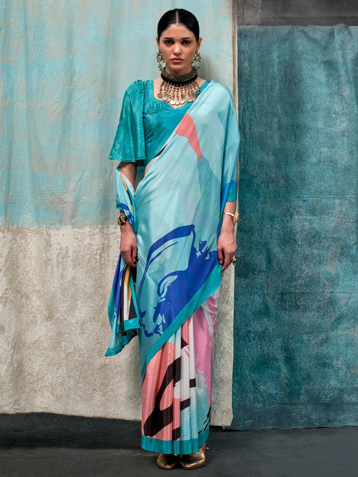 Alluring Multi-Color Digital Printed Crape Cocktail Party Wear Saree - Zeel Clothing