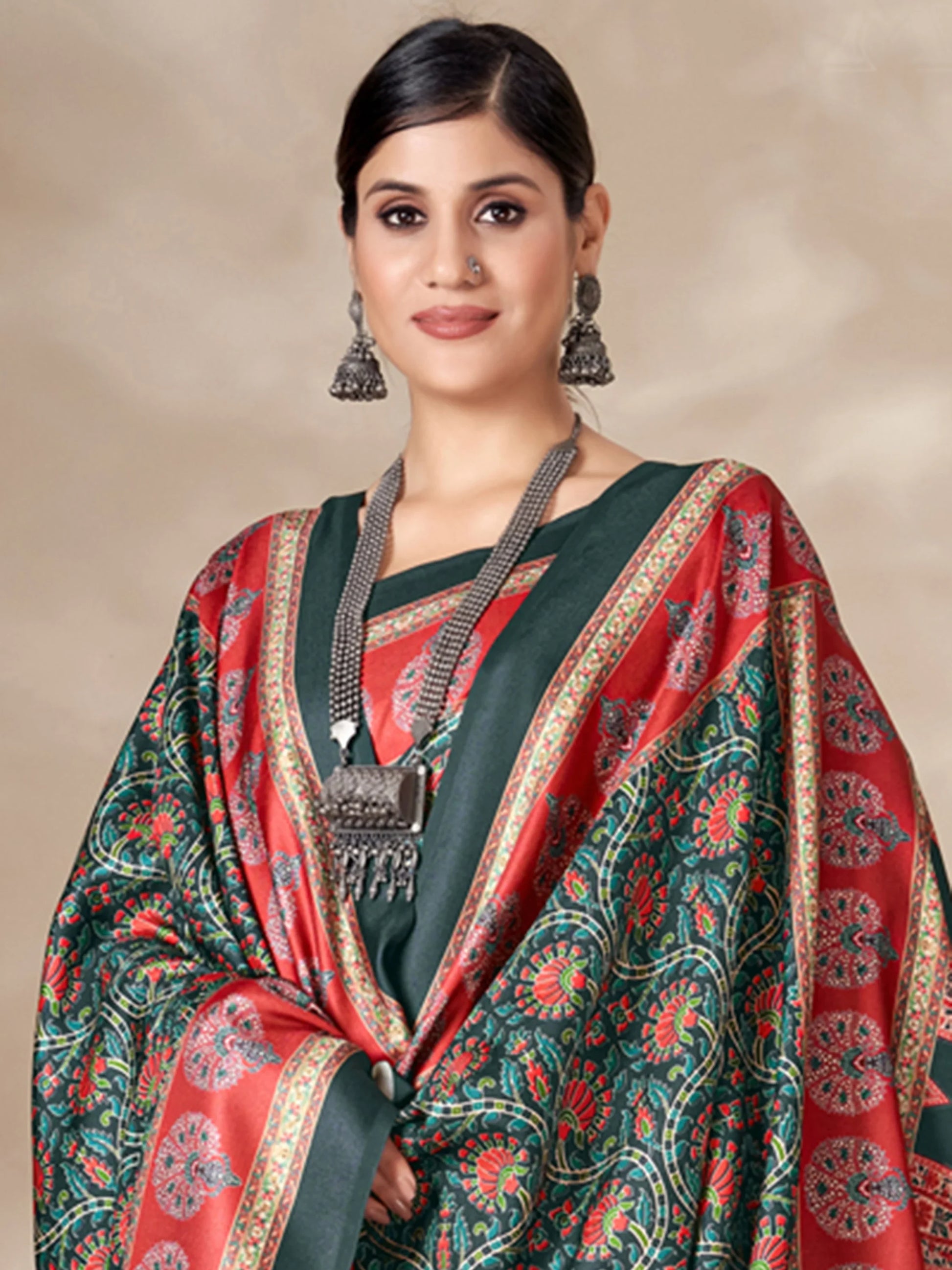 Alluring Multi-Color Digital Printed Pashmina Traditional Saree With Shawl - Zeel Clothing