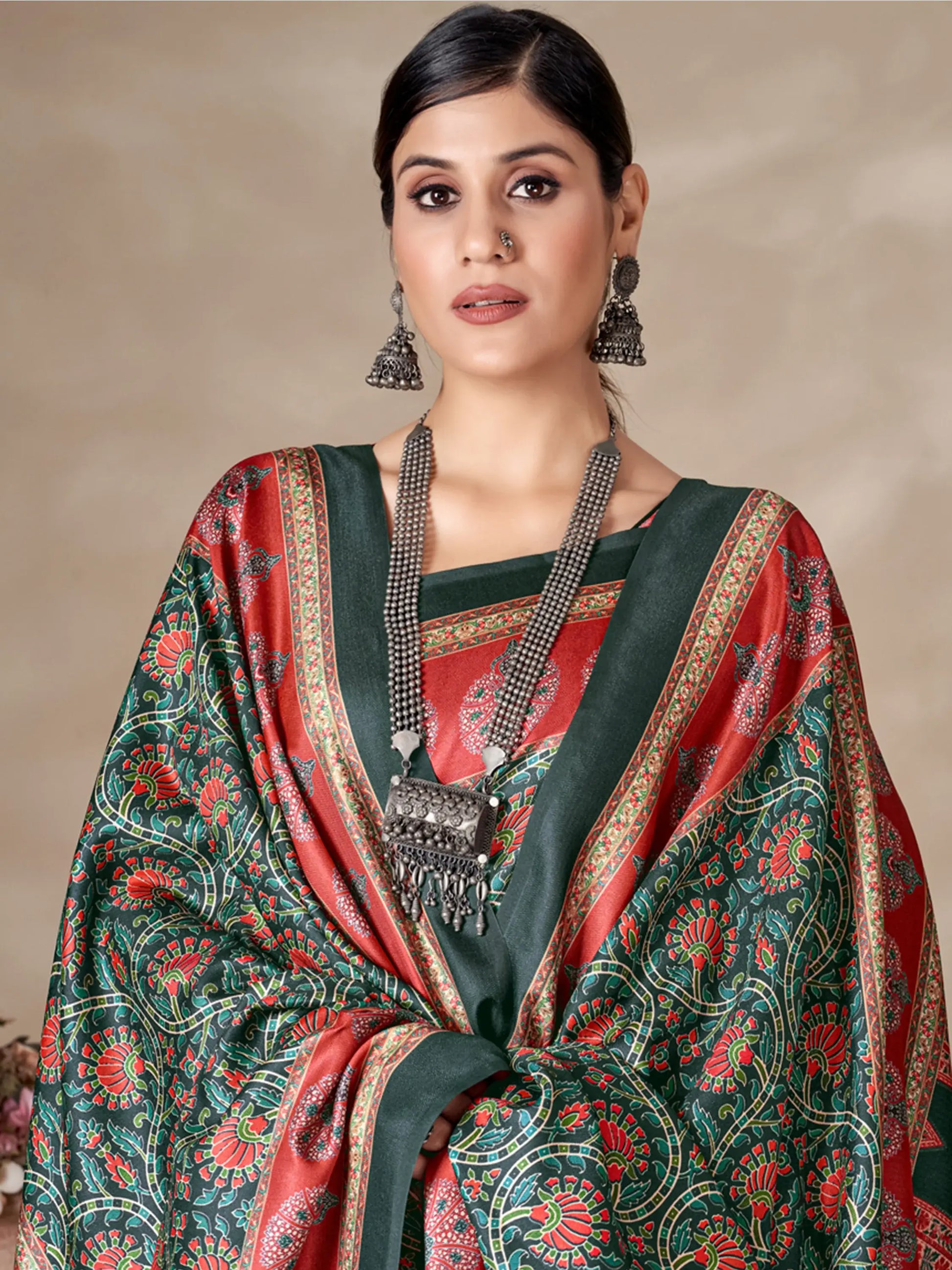 Alluring Multi-Color Digital Printed Pashmina Traditional Saree With Shawl - Zeel Clothing