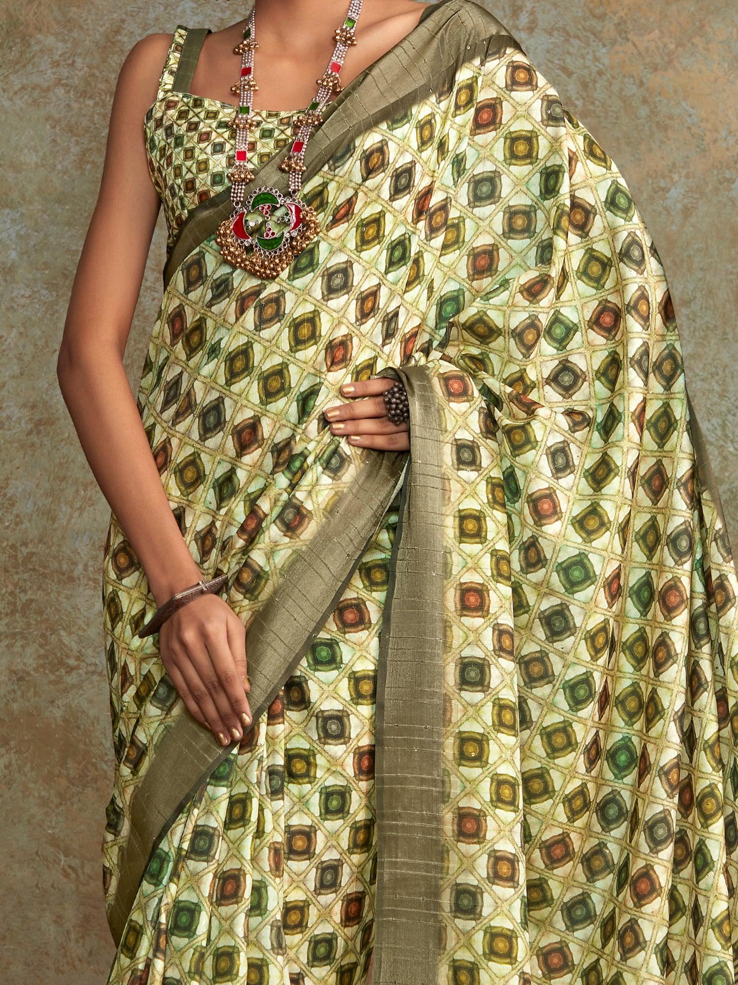 Alluring Multi-Color Digital Printed Silk Festival Wear Saree With Blouse