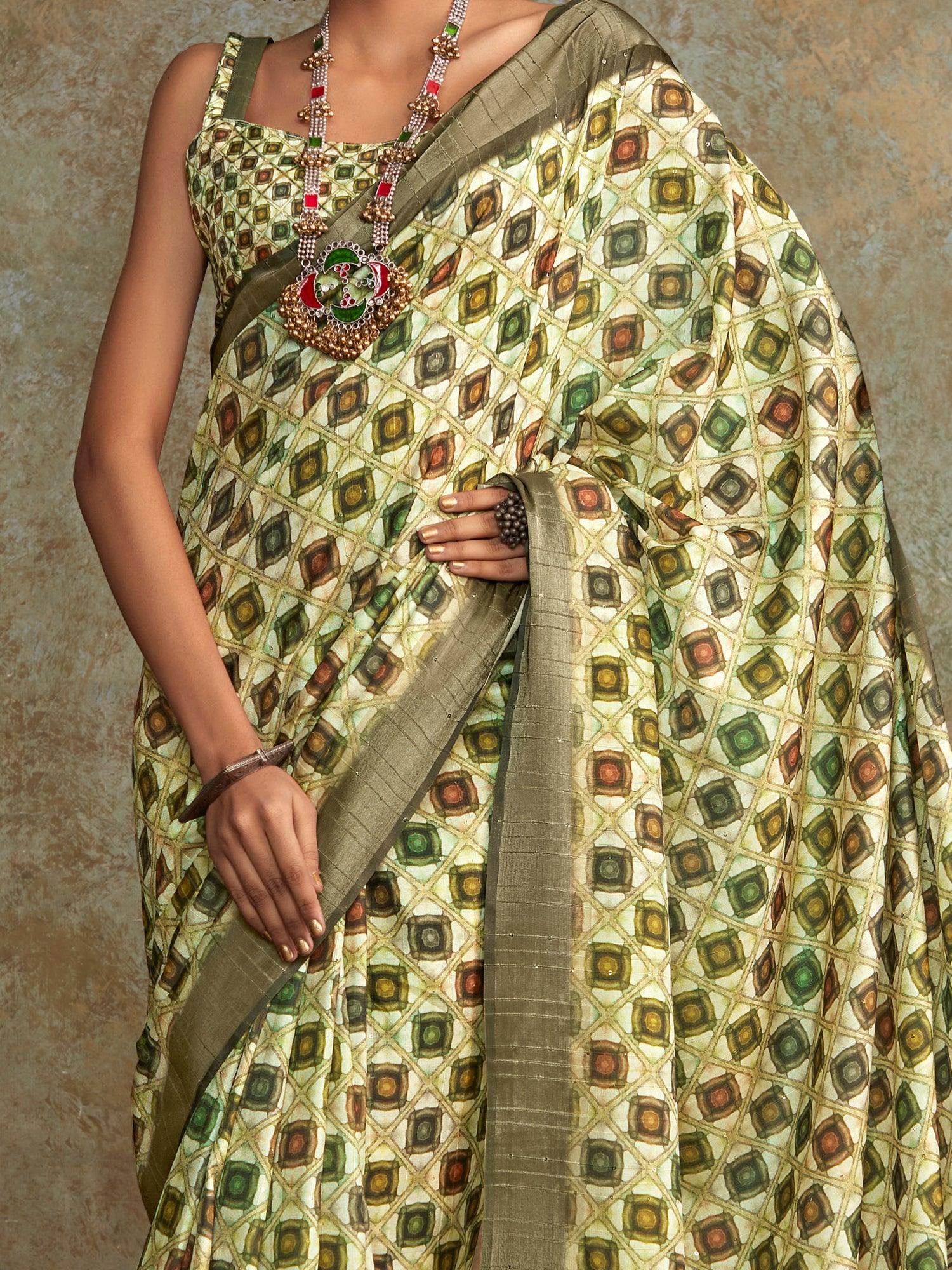 Alluring Multi-Color Digital Printed Silk Festival Wear Saree With Blouse - Zeel Clothing