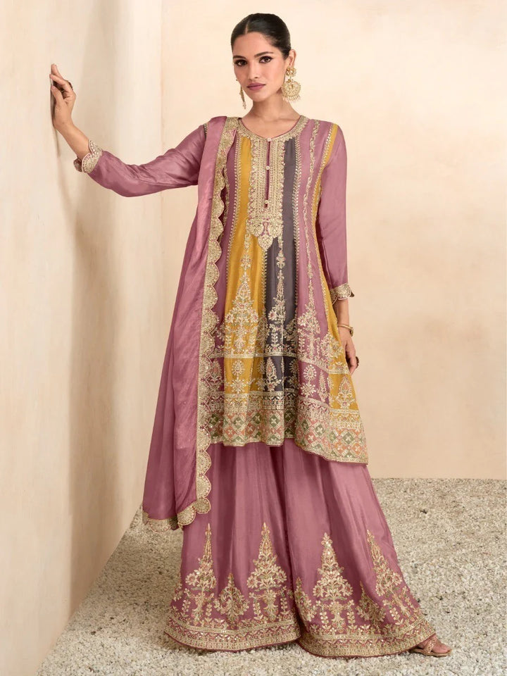 Alluring Multi-Color Embroidered Chinon Festive Wear Palazzo Suits