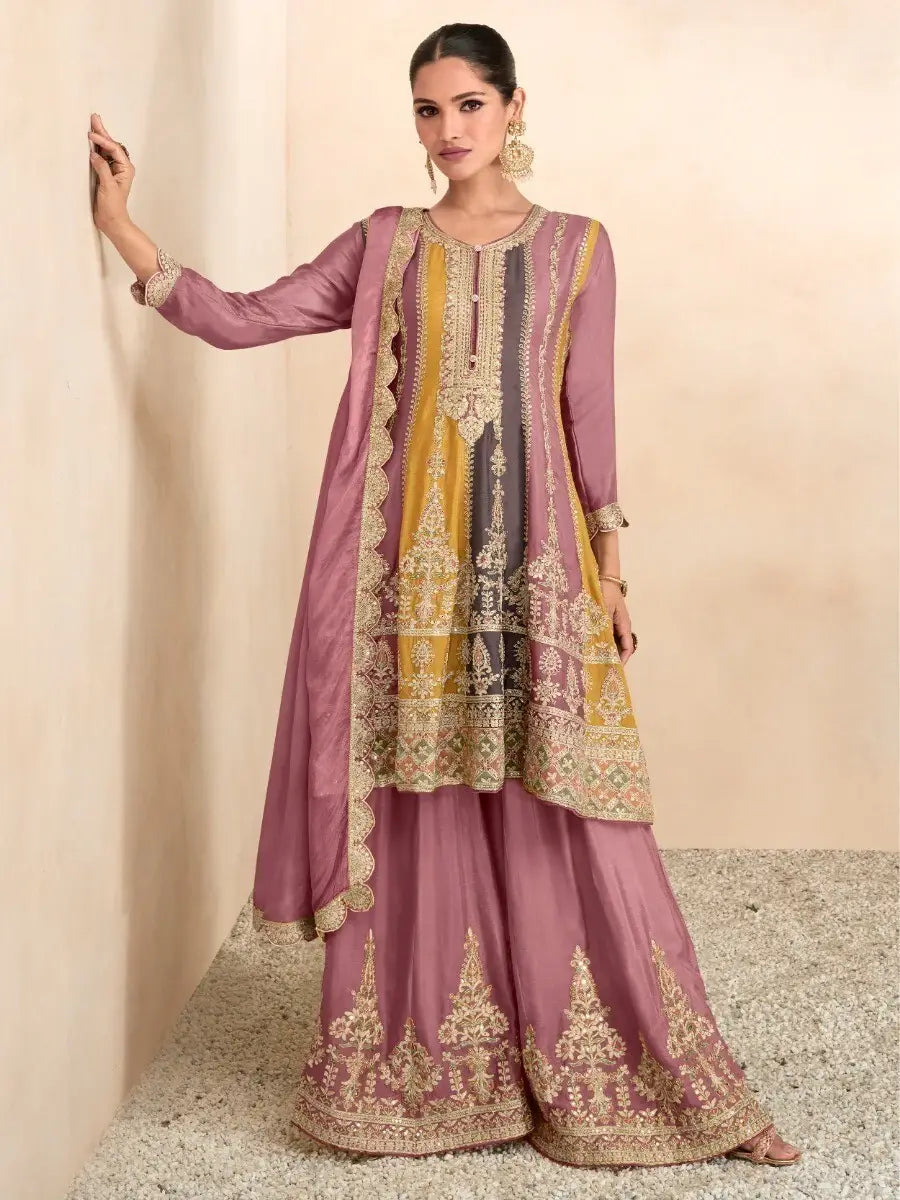 Alluring Multi-Color Embroidered Chinon Festive Wear Palazzo Suits - Zeel Clothing
