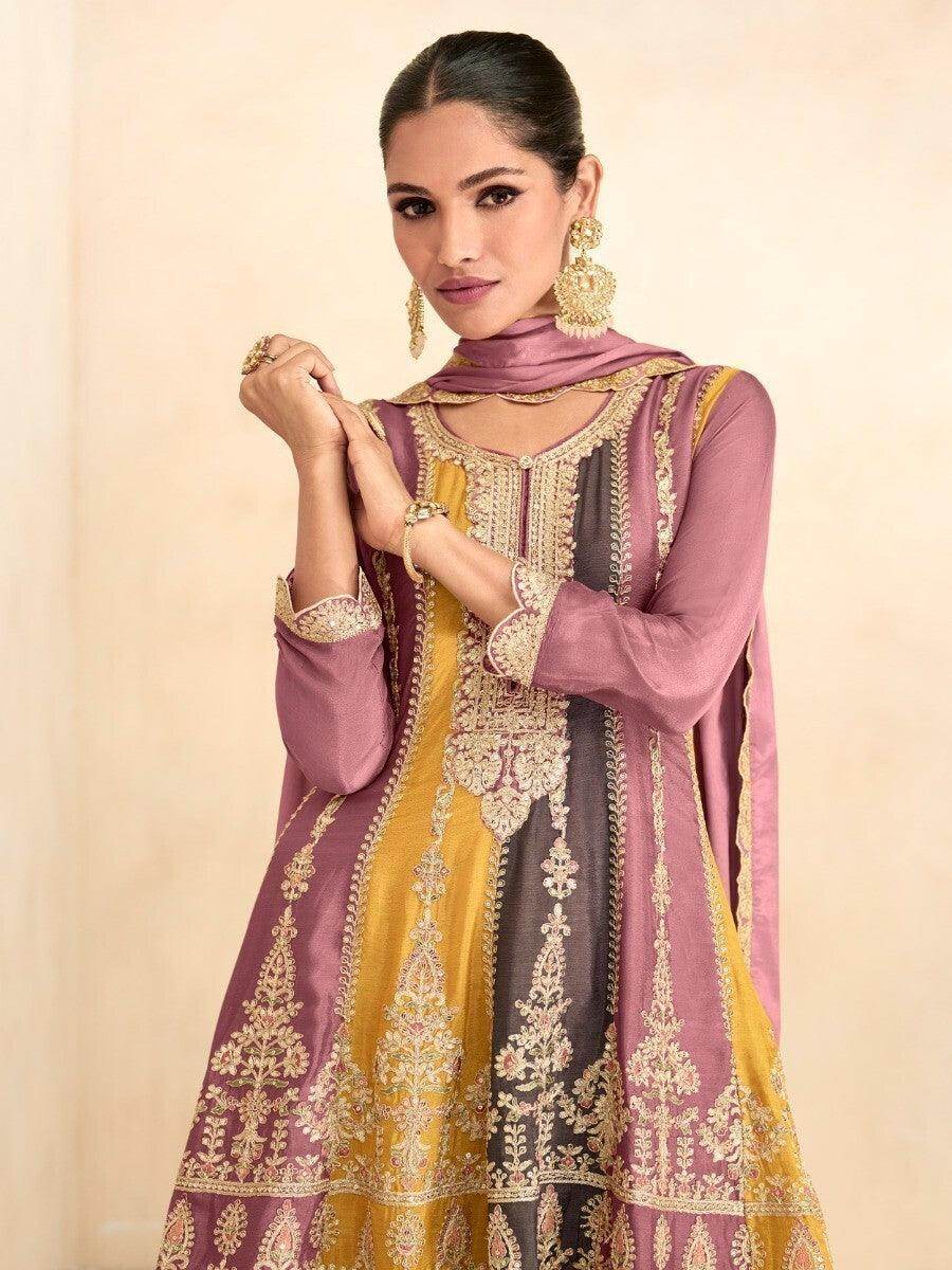 Alluring Multi-Color Embroidered Chinon Festive Wear Palazzo Suits - Zeel Clothing