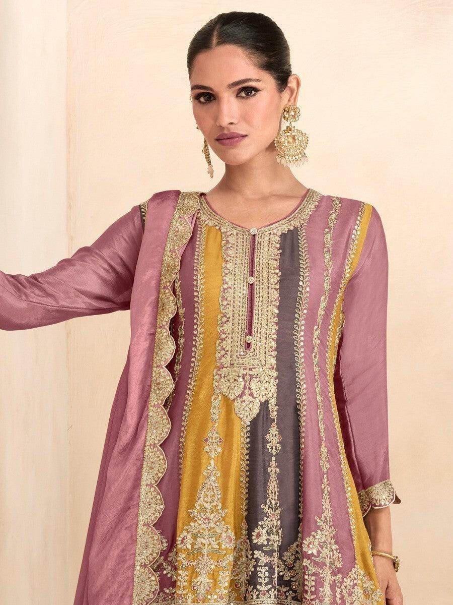 Alluring Multi-Color Embroidered Chinon Festive Wear Palazzo Suits - Zeel Clothing