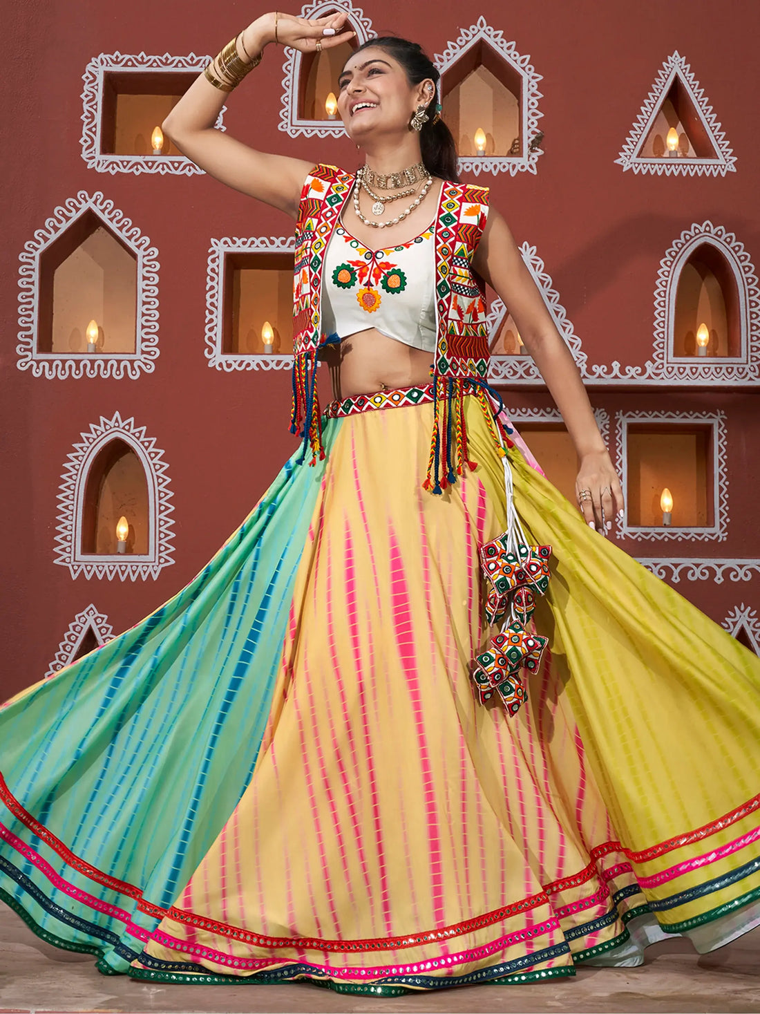 Alluring Multi-Color Mirror Work Navratri Lehenga Choli With Jacket - Zeel Clothing