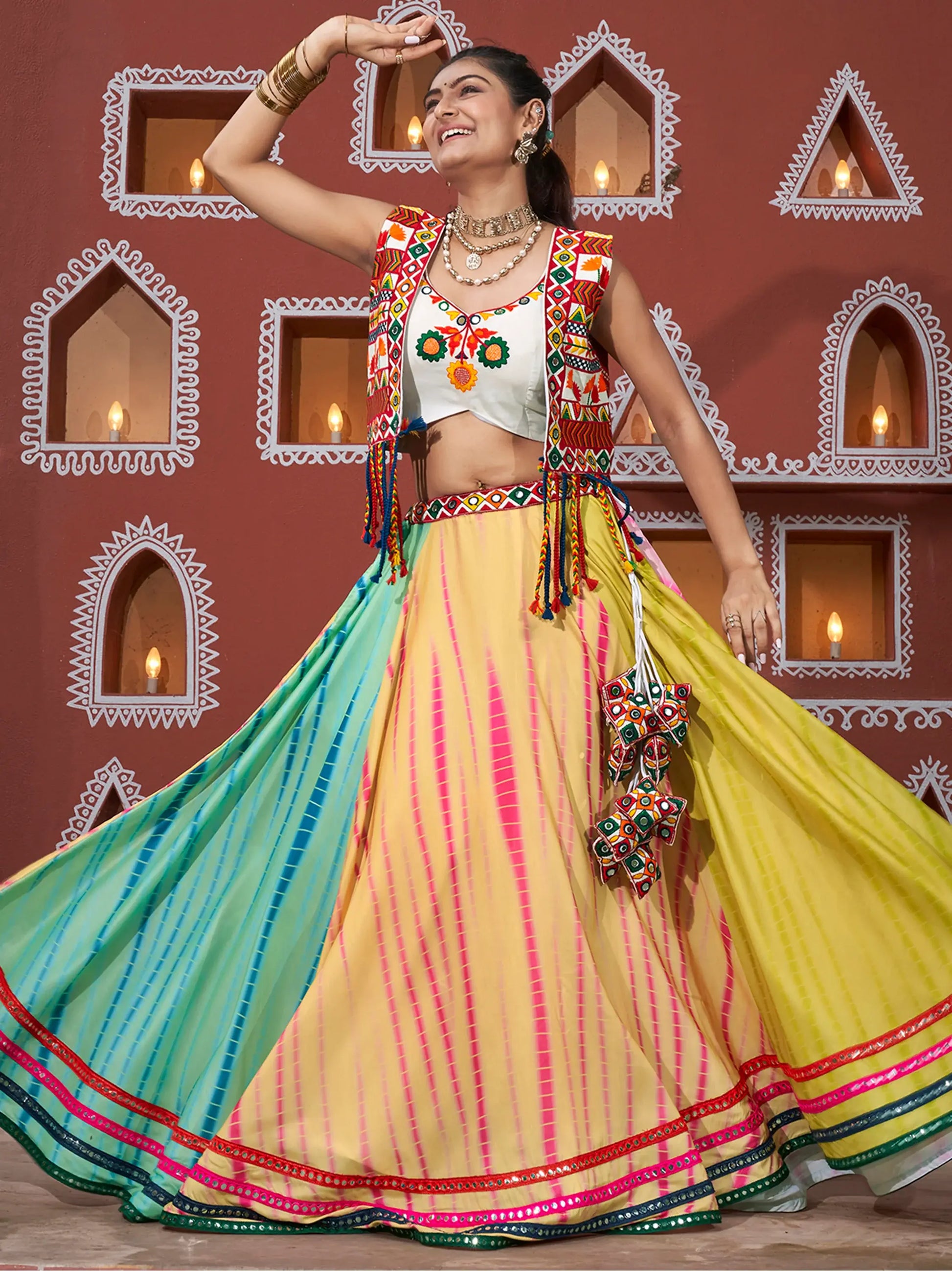 Alluring Multi-Color Mirror Work Navratri Lehenga Choli With Jacket - Zeel Clothing