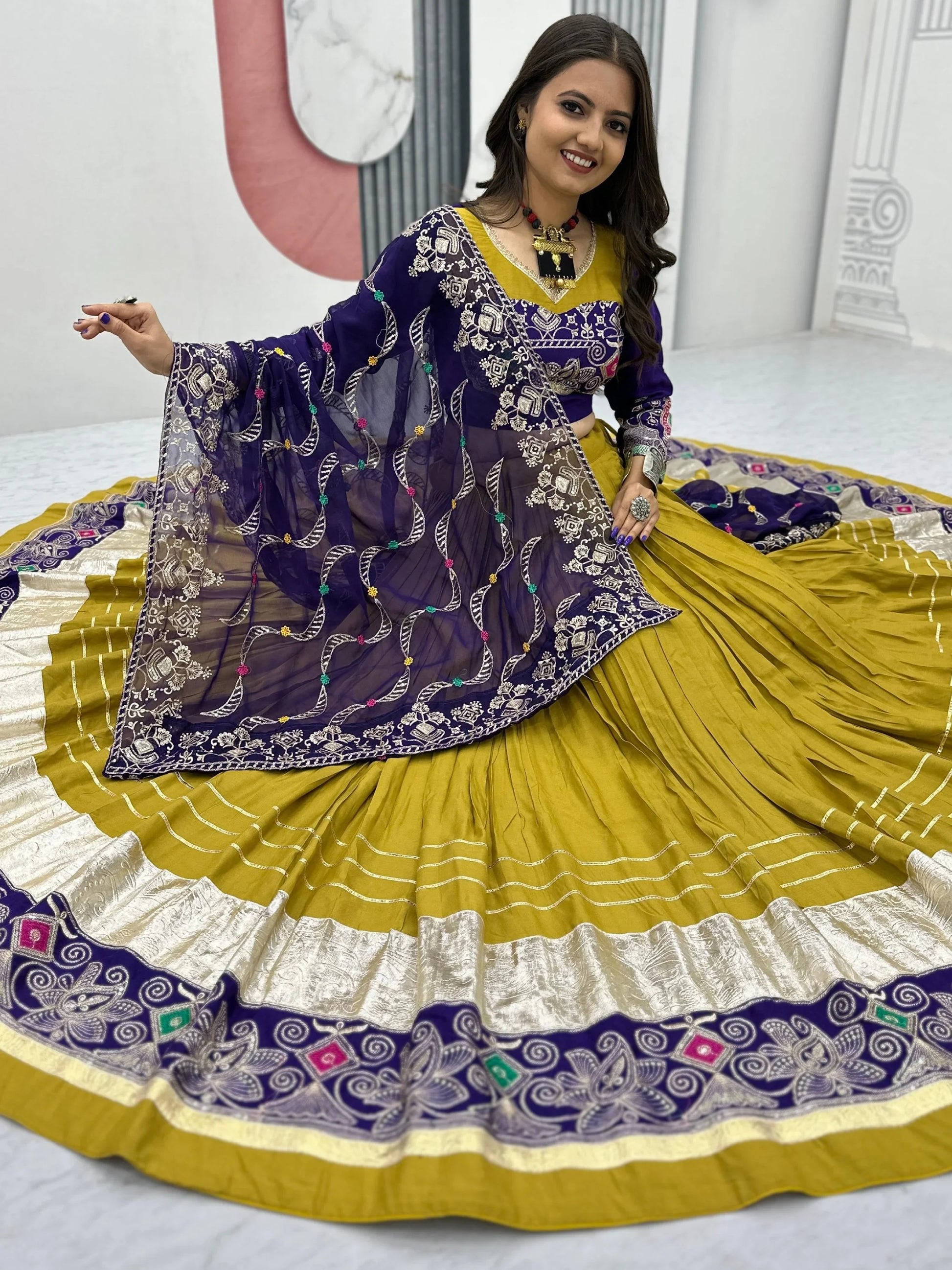 Alluring Mustard Yellow Embroidered Cotton Navratri Special Lehenga Choli - Zeel Clothing