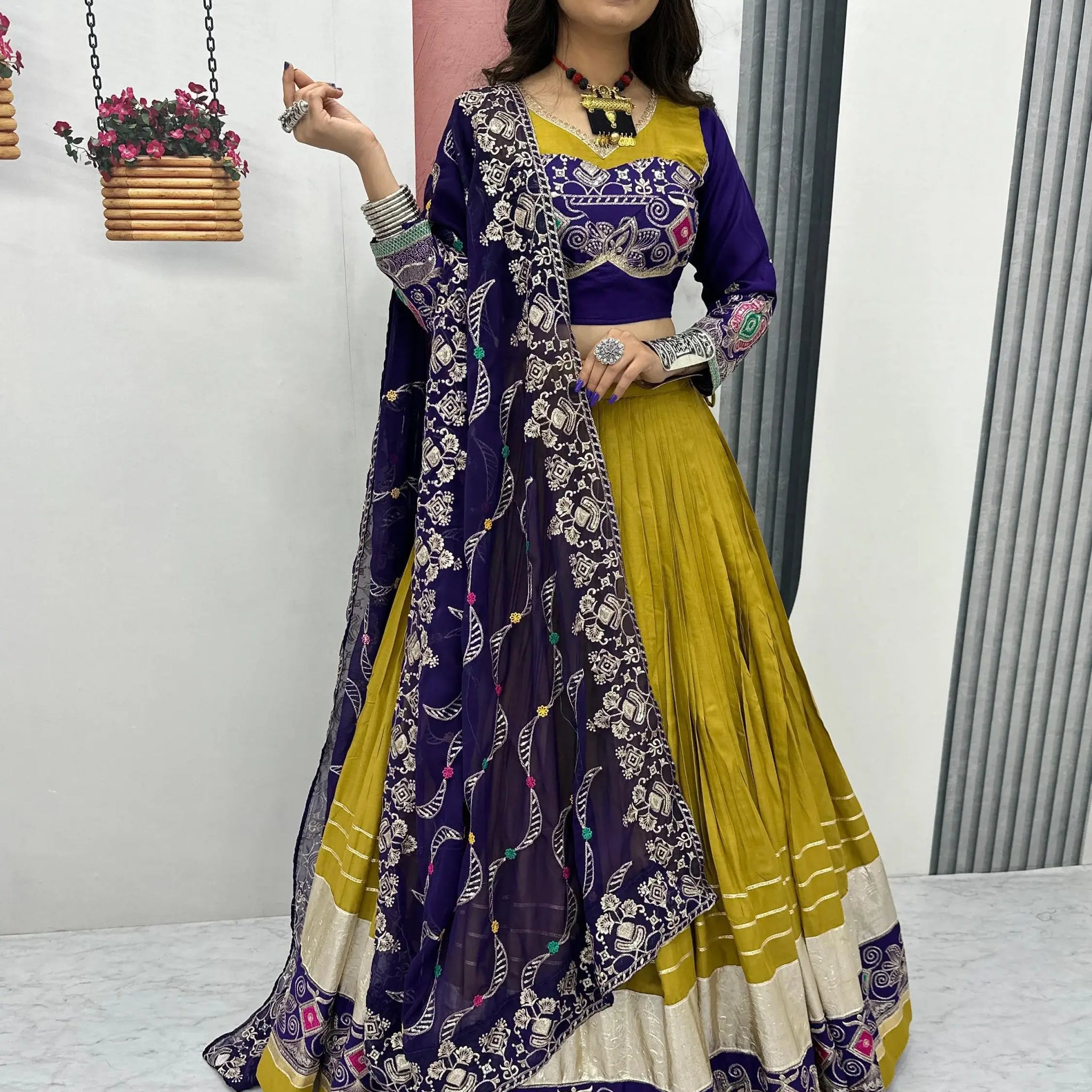 Alluring Mustard Yellow Embroidered Cotton Navratri Special Lehenga Choli - Zeel Clothing