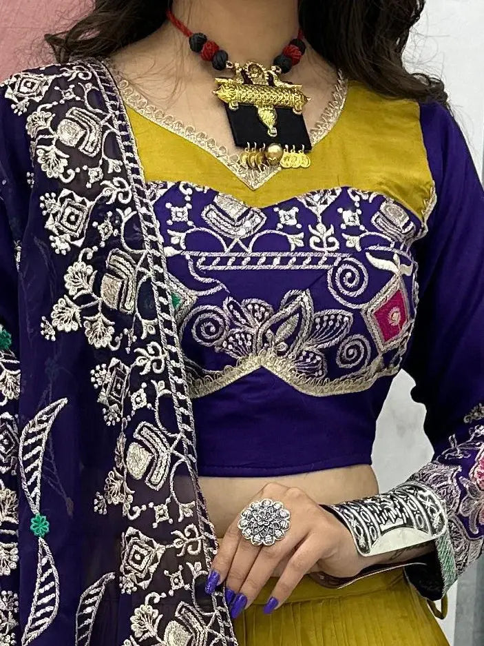 Alluring Mustard Yellow Embroidered Cotton Navratri Special Lehenga Choli - Zeel Clothing