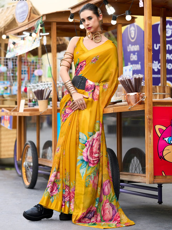 Alluring Mustard Yellow Floral Printed Georgette Event Wear Saree - Zeel Clothing