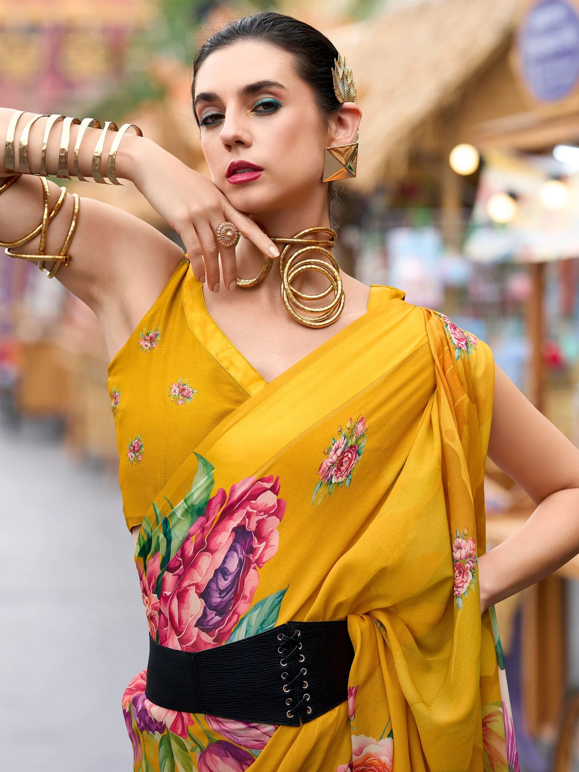 Alluring Mustard Yellow Floral Printed Georgette Event Wear Saree - Zeel Clothing