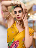 Alluring Mustard Yellow Floral Printed Georgette Event Wear Saree - Zeel Clothing