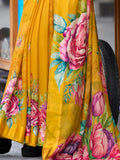 Alluring Mustard Yellow Floral Printed Georgette Event Wear Saree - Zeel Clothing