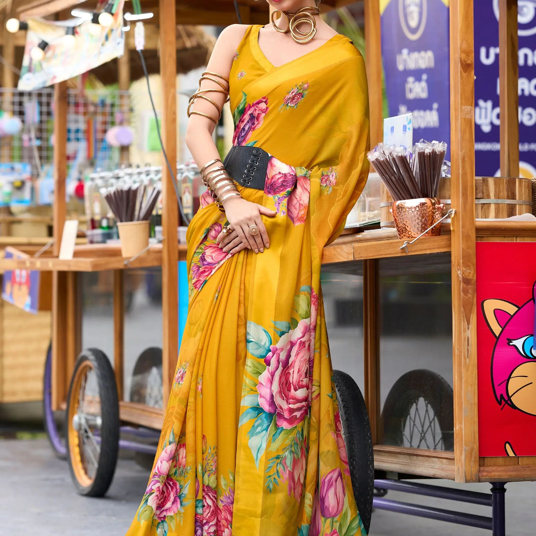 Alluring Mustard Yellow Floral Printed Georgette Event Wear Saree - Zeel Clothing