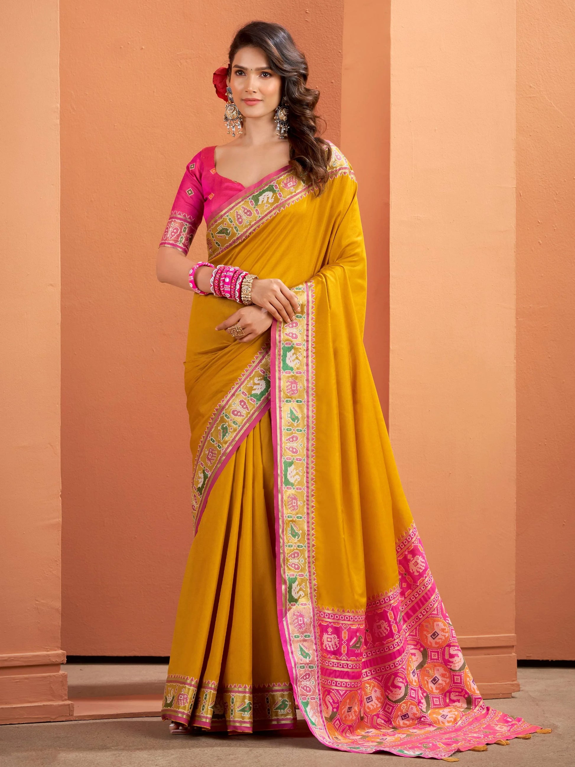Alluring Mustard Yellow Patola Weaving Silk Haldi Wear Saree With Blouse - Zeel Clothing
