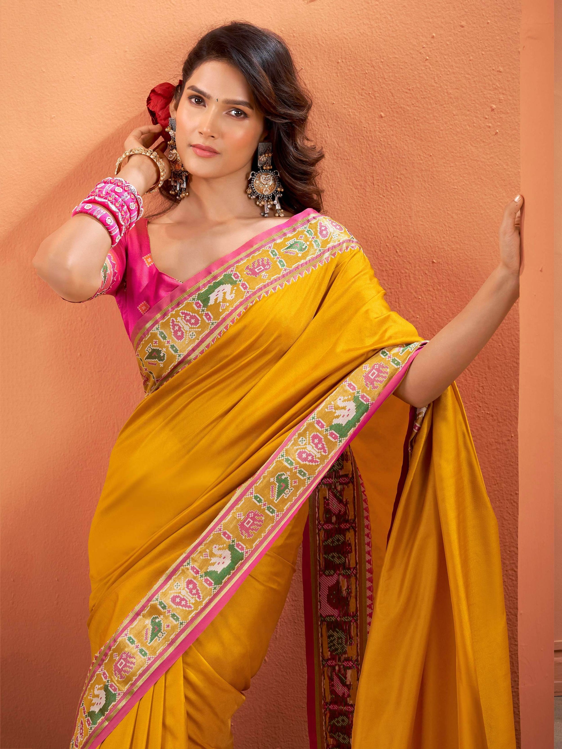 Alluring Mustard Yellow Patola Weaving Silk Haldi Wear Saree With Blouse - Zeel Clothing