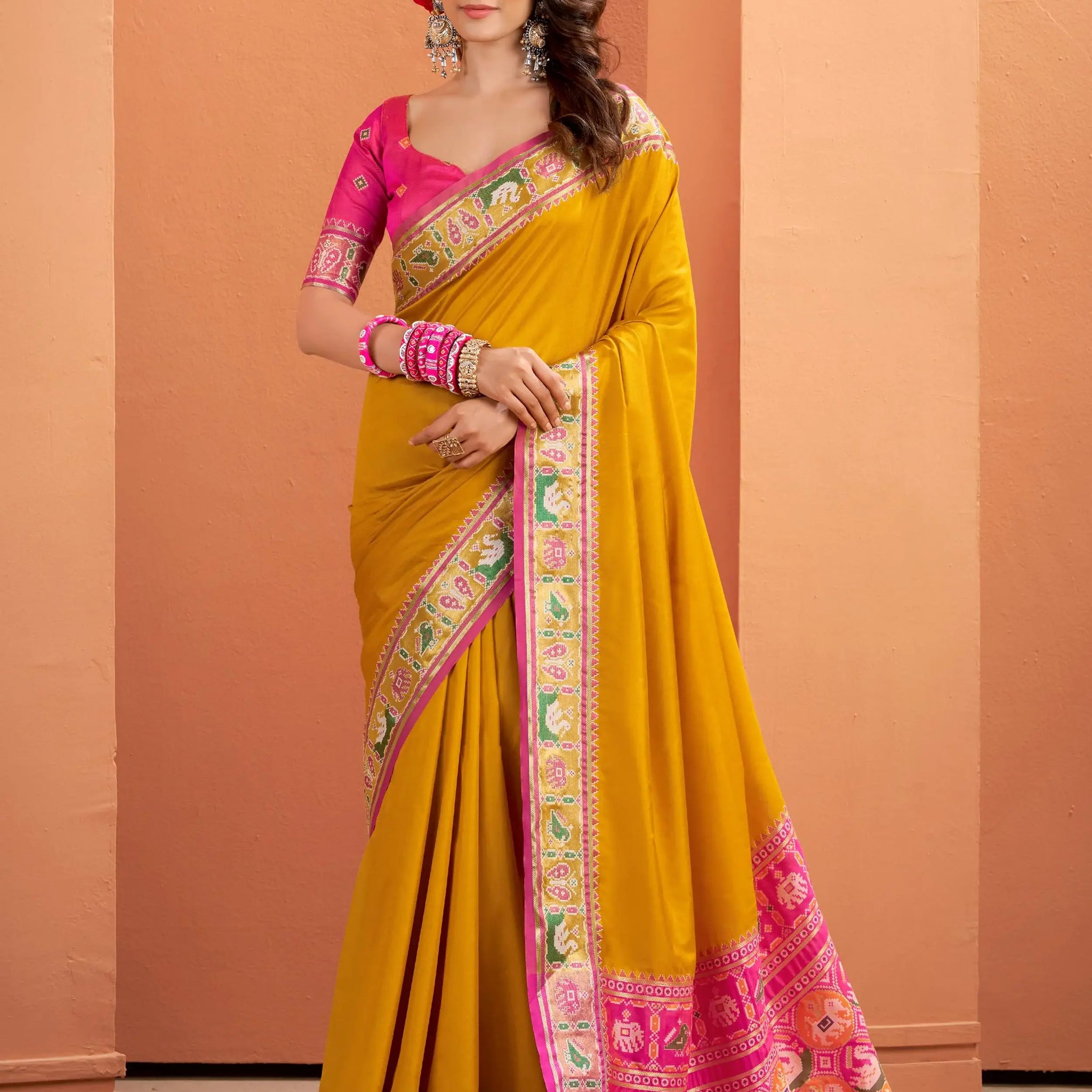 Alluring Mustard Yellow Patola Weaving Silk Haldi Wear Saree With Blouse - Zeel Clothing