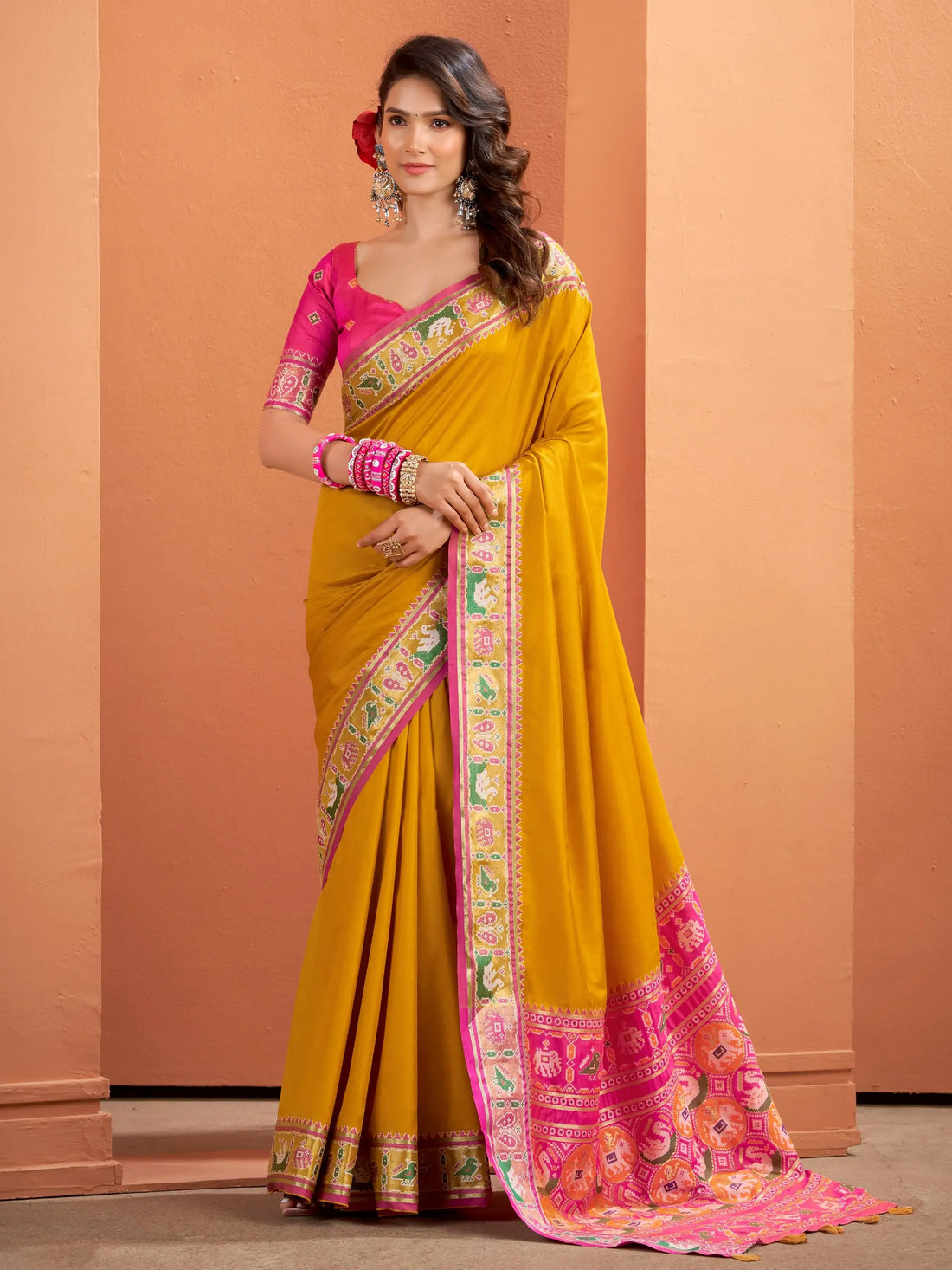 Alluring Mustard Yellow Patola Weaving Silk Haldi Wear Saree With Blouse - Zeel Clothing