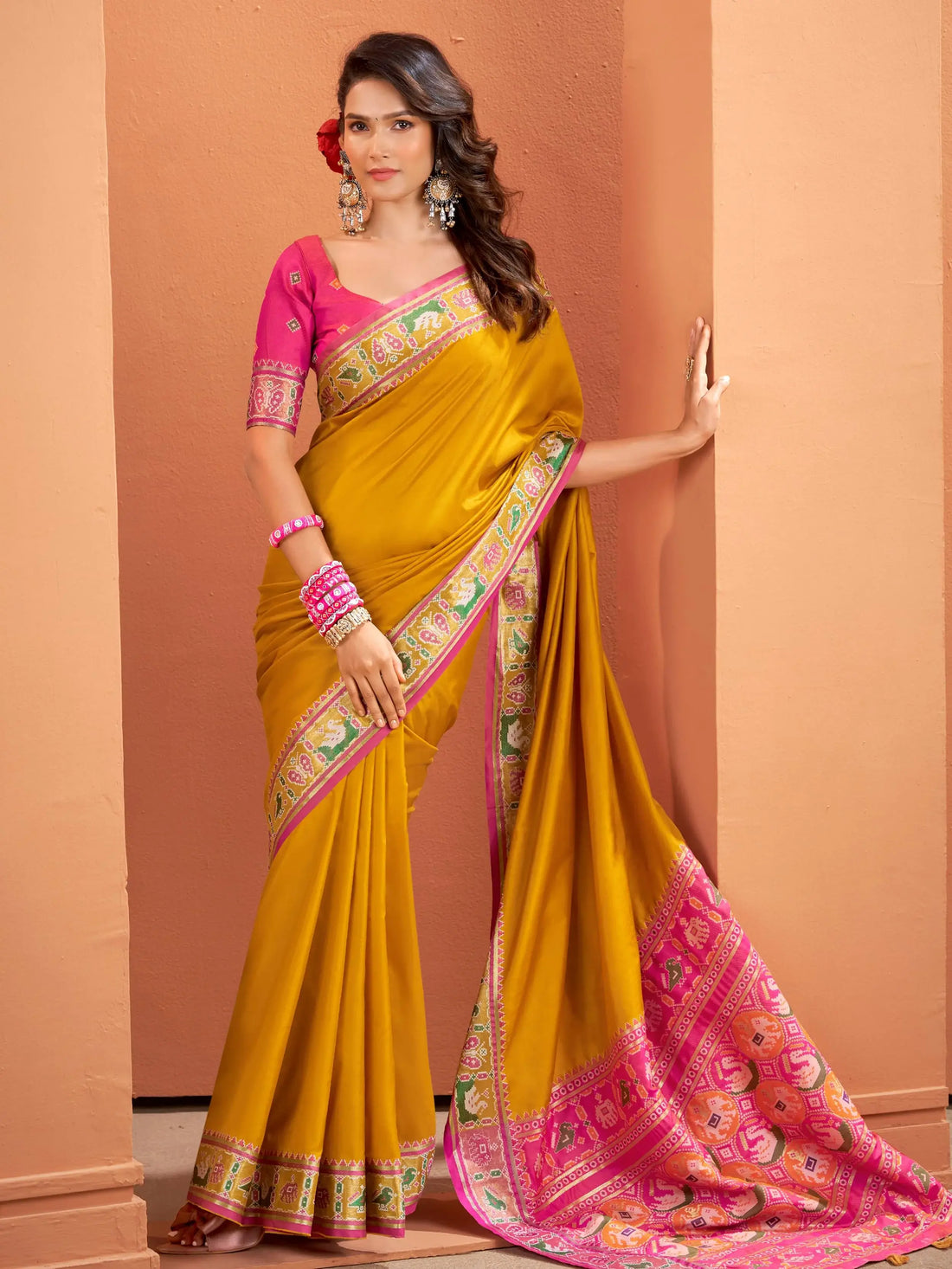 Alluring Mustard Yellow Patola Weaving Silk Haldi Wear Saree With Blouse - Zeel Clothing