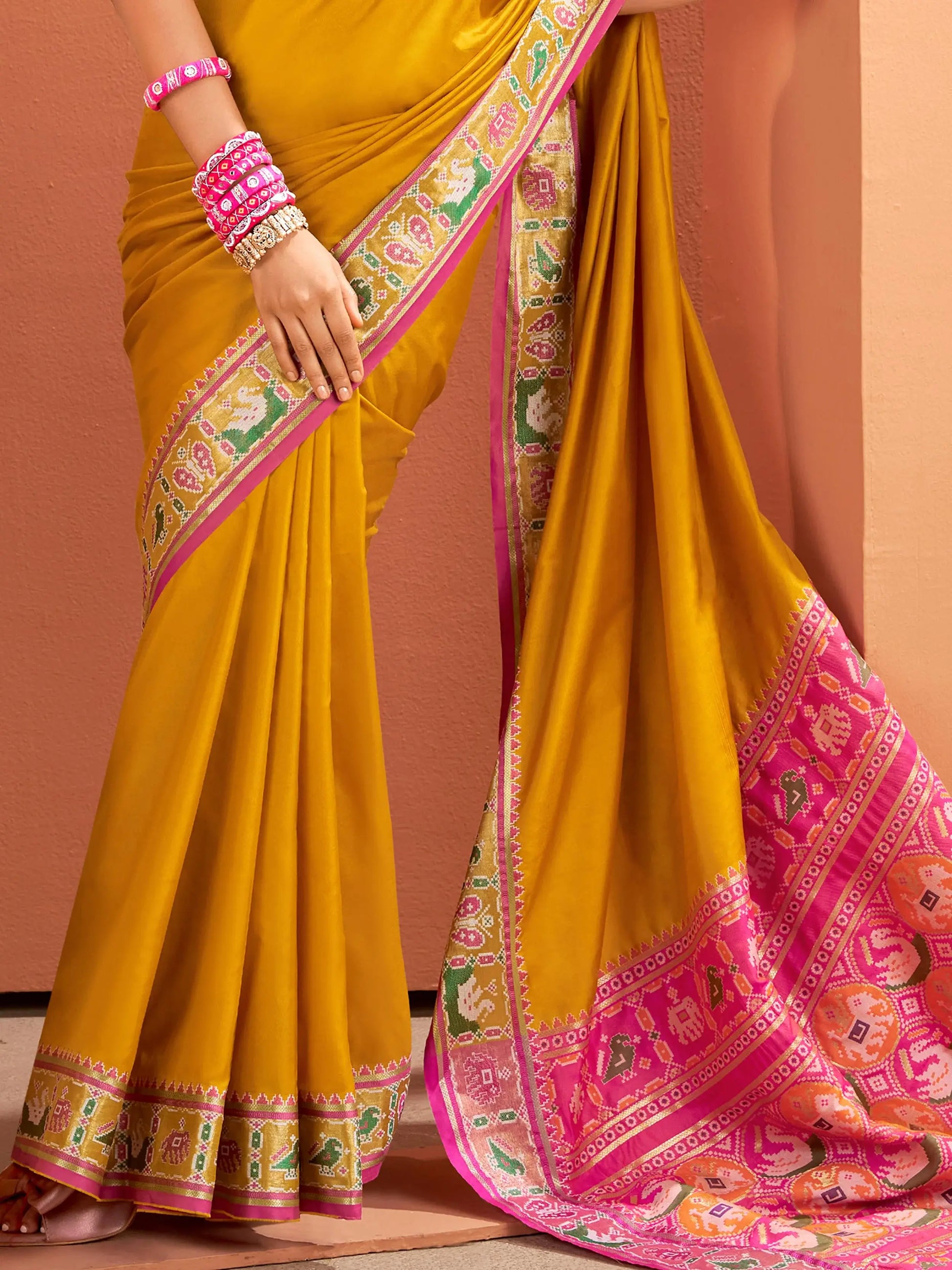 Alluring Mustard Yellow Patola Weaving Silk Haldi Wear Saree With Blouse - Zeel Clothing