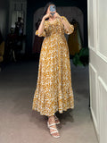Alluring Mustard Yellow Printed Georgette Daily Wear Dress