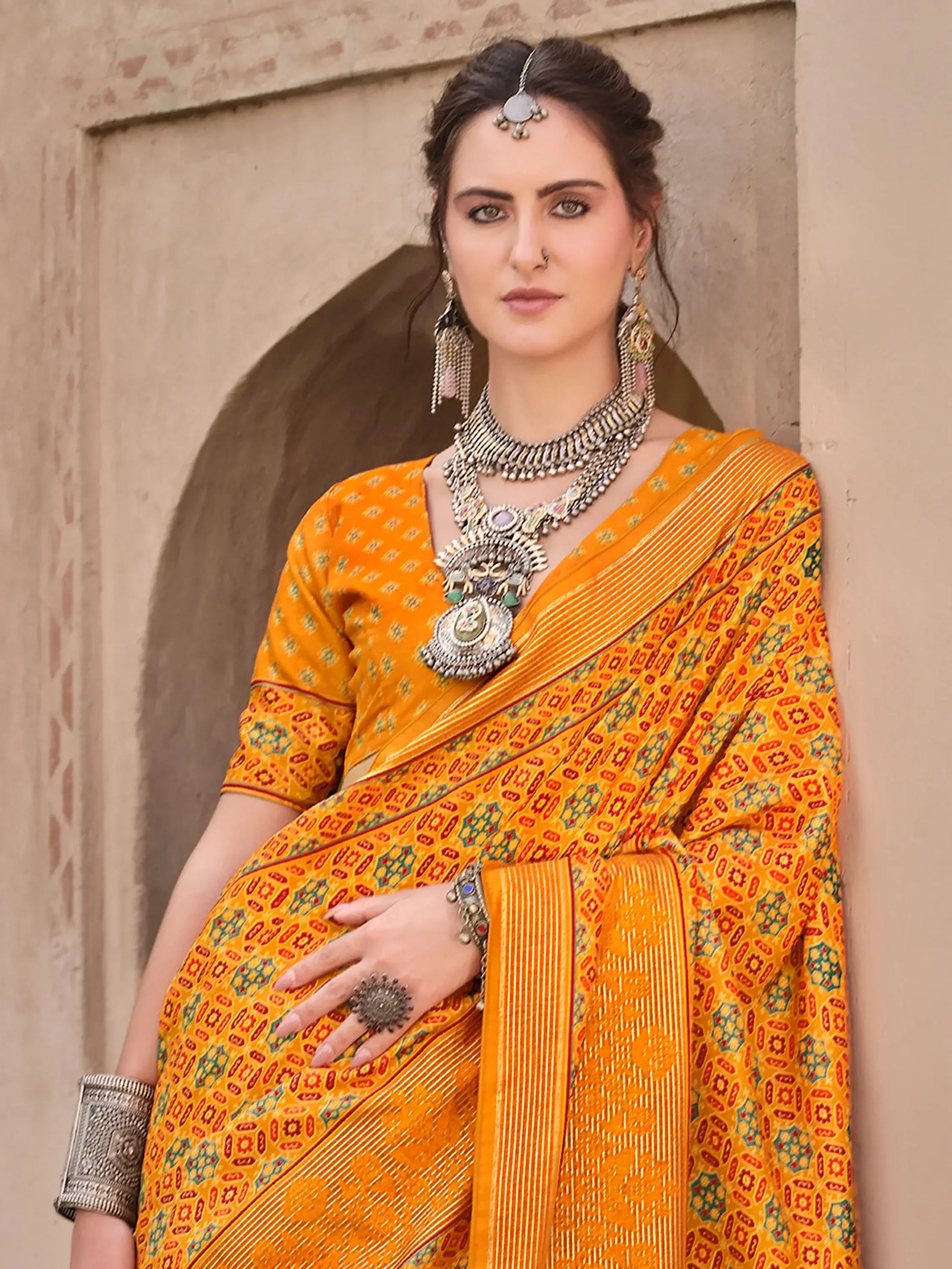 Alluring Mustard Yellow Printed Silk Haldi Wear Saree With Blouse - Zeel Clothing