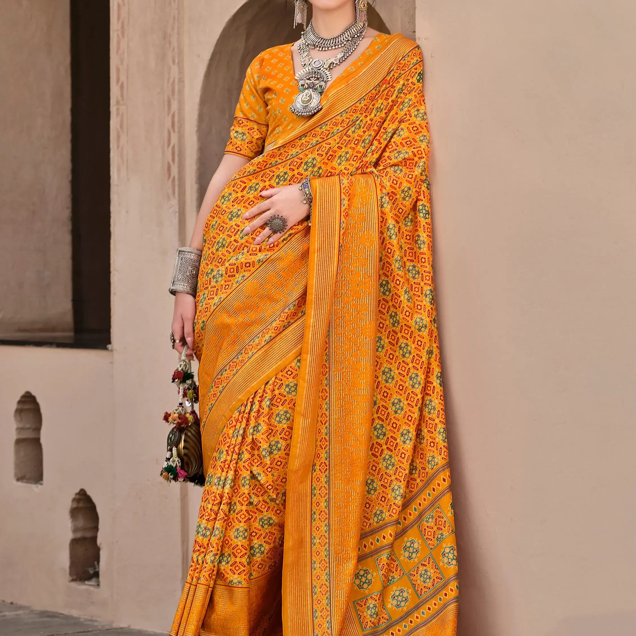 Alluring Mustard Yellow Printed Silk Haldi Wear Saree With Blouse - Zeel Clothing