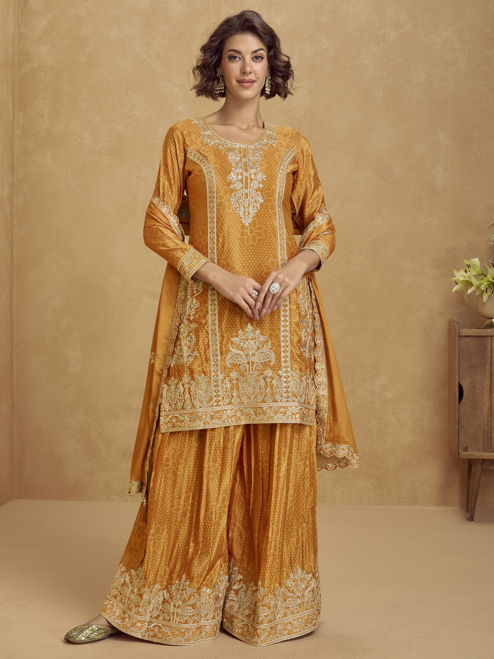 Alluring Mustard Yellow Sequins Chinon Party Wear Palazzo Suit With Dupatta - Zeel Clothing