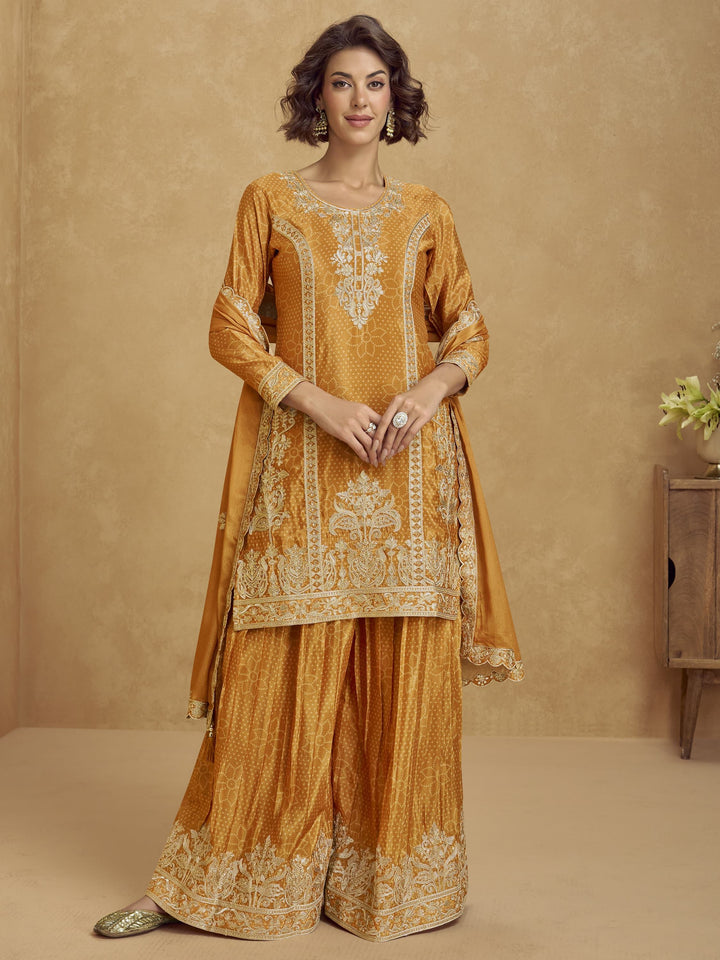 Alluring Mustard Yellow Sequins Chinon Party Wear Palazzo Suit With Dupatta - Zeel Clothing