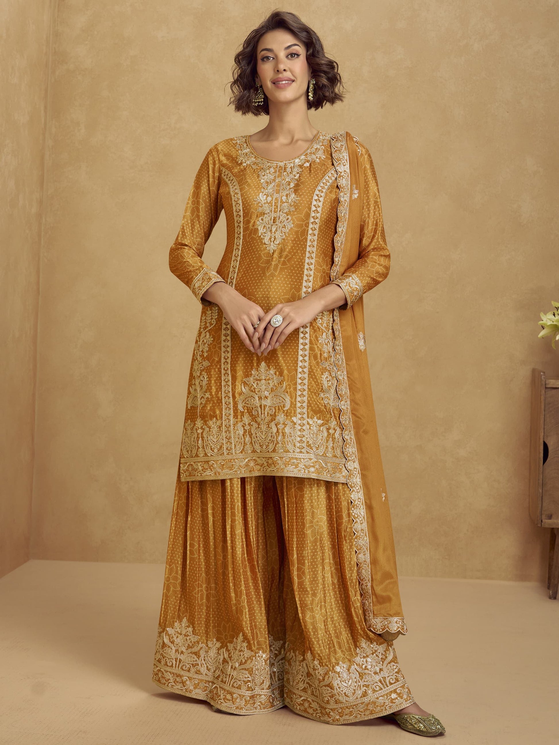 Alluring Mustard Yellow Sequins Chinon Party Wear Palazzo Suit With Dupatta - Zeel Clothing