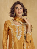 Alluring Mustard Yellow Sequins Chinon Party Wear Palazzo Suit With Dupatta - Zeel Clothing