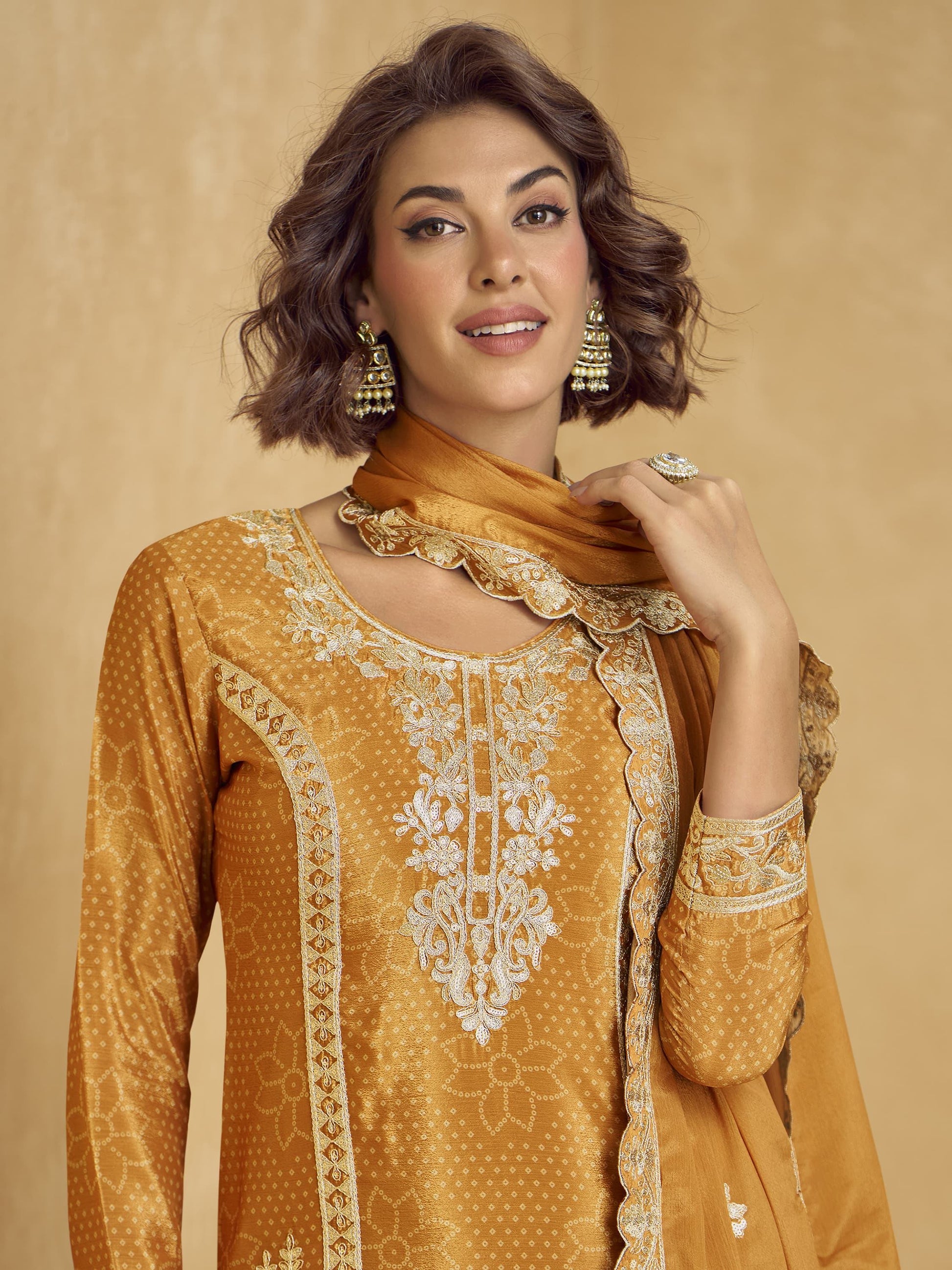 Alluring Mustard Yellow Sequins Chinon Party Wear Palazzo Suit With Dupatta - Zeel Clothing