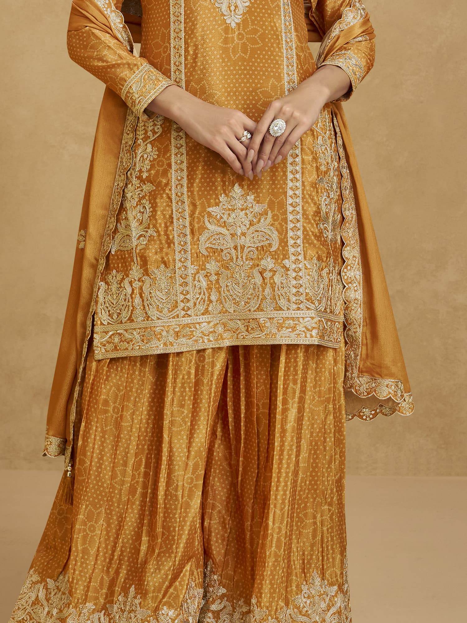 Alluring Mustard Yellow Sequins Chinon Party Wear Palazzo Suit With Dupatta - Zeel Clothing