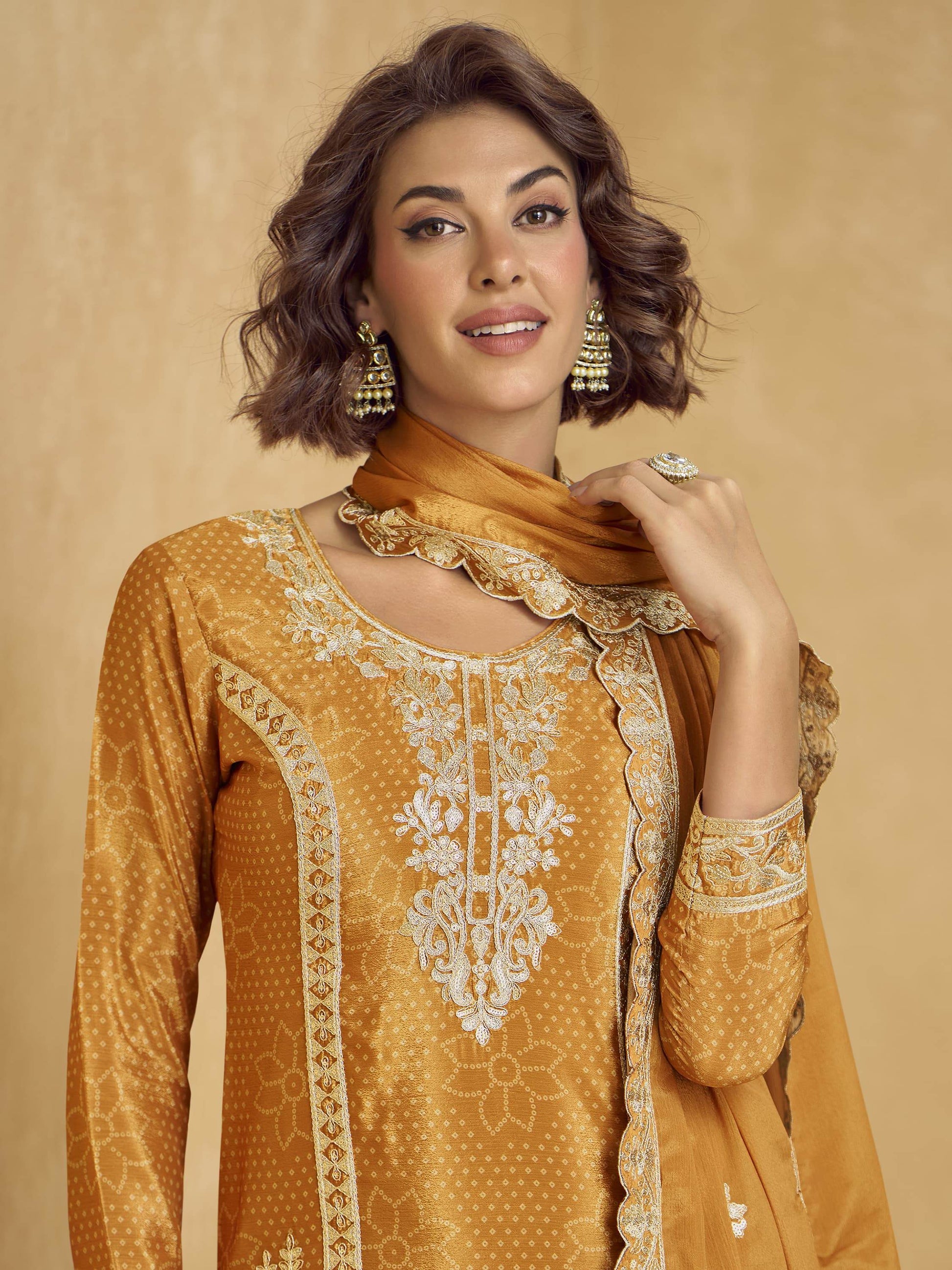 Alluring Mustard Yellow Sequins Chinon Party Wear Palazzo Suit With Dupatta - Zeel Clothing