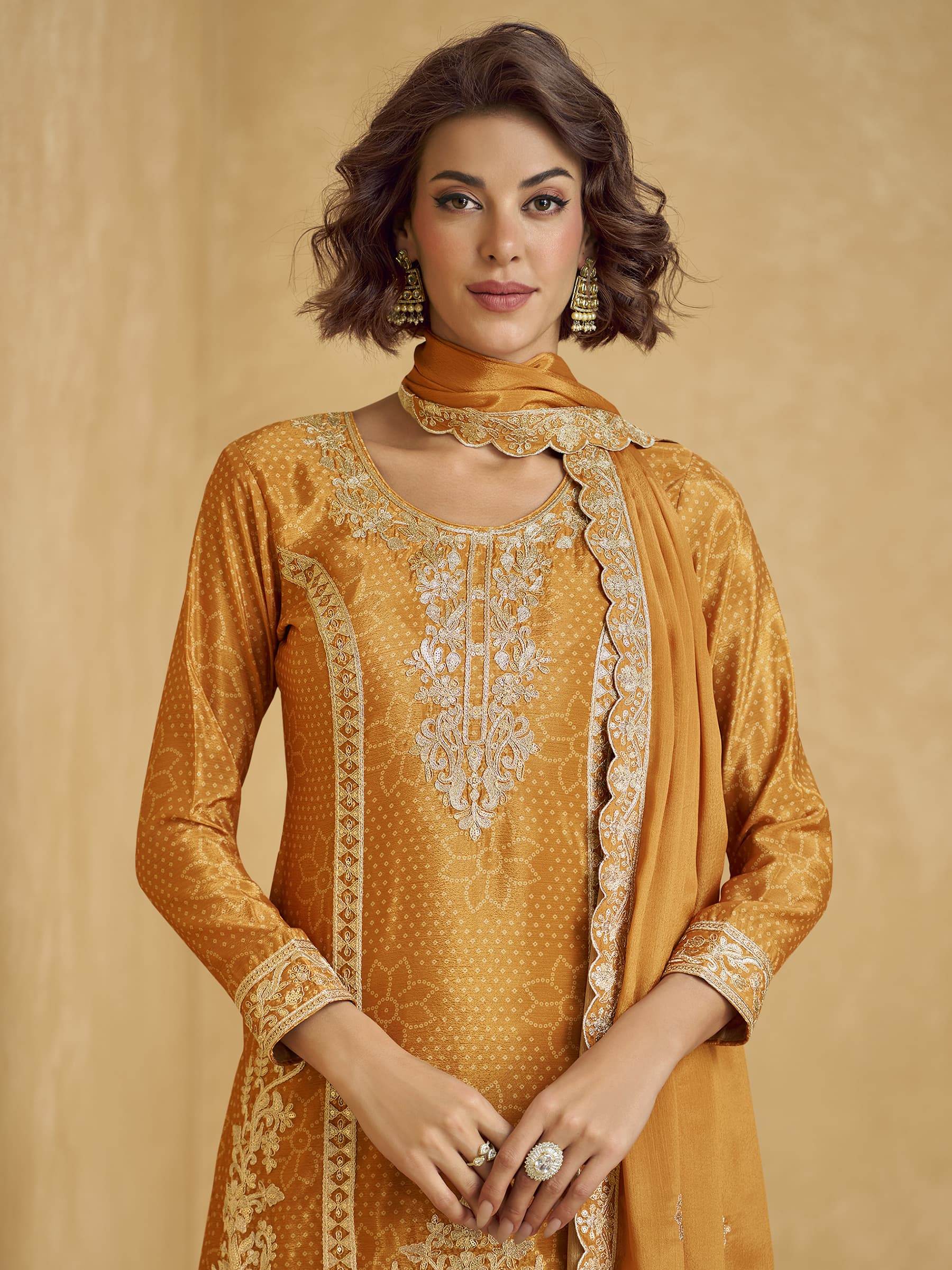 Alluring Mustard Yellow Sequins Chinon Party Wear Palazzo Suit With Dupatta - Zeel Clothing