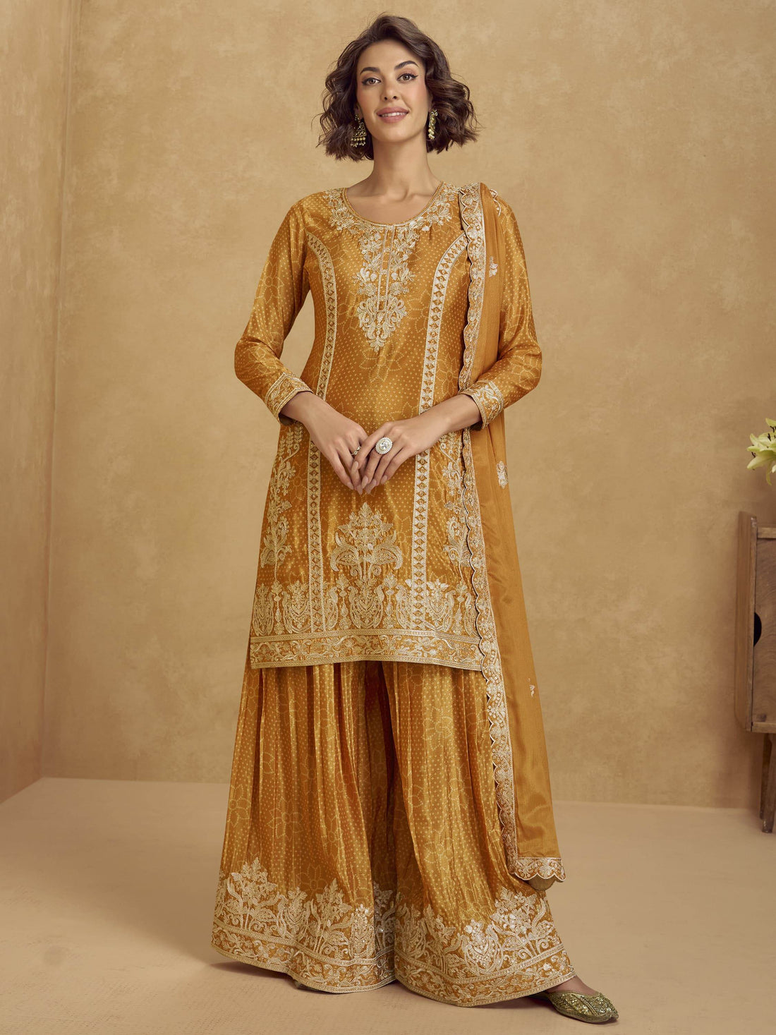 Alluring Mustard Yellow Sequins Chinon Party Wear Palazzo Suit With Dupatta - Zeel Clothing