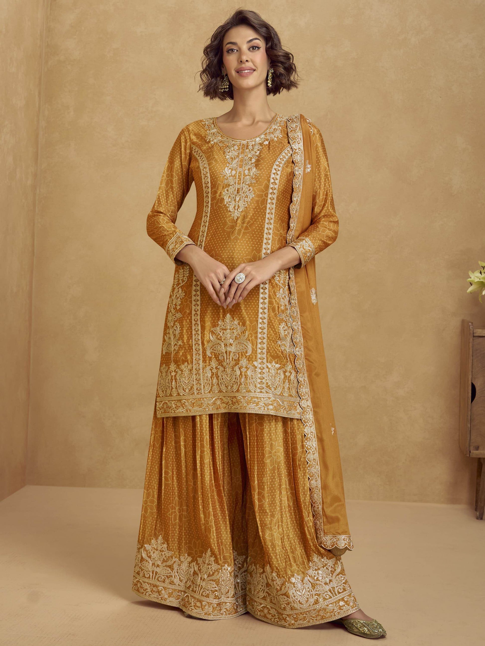 Alluring Mustard Yellow Sequins Chinon Party Wear Palazzo Suit With Dupatta - Zeel Clothing