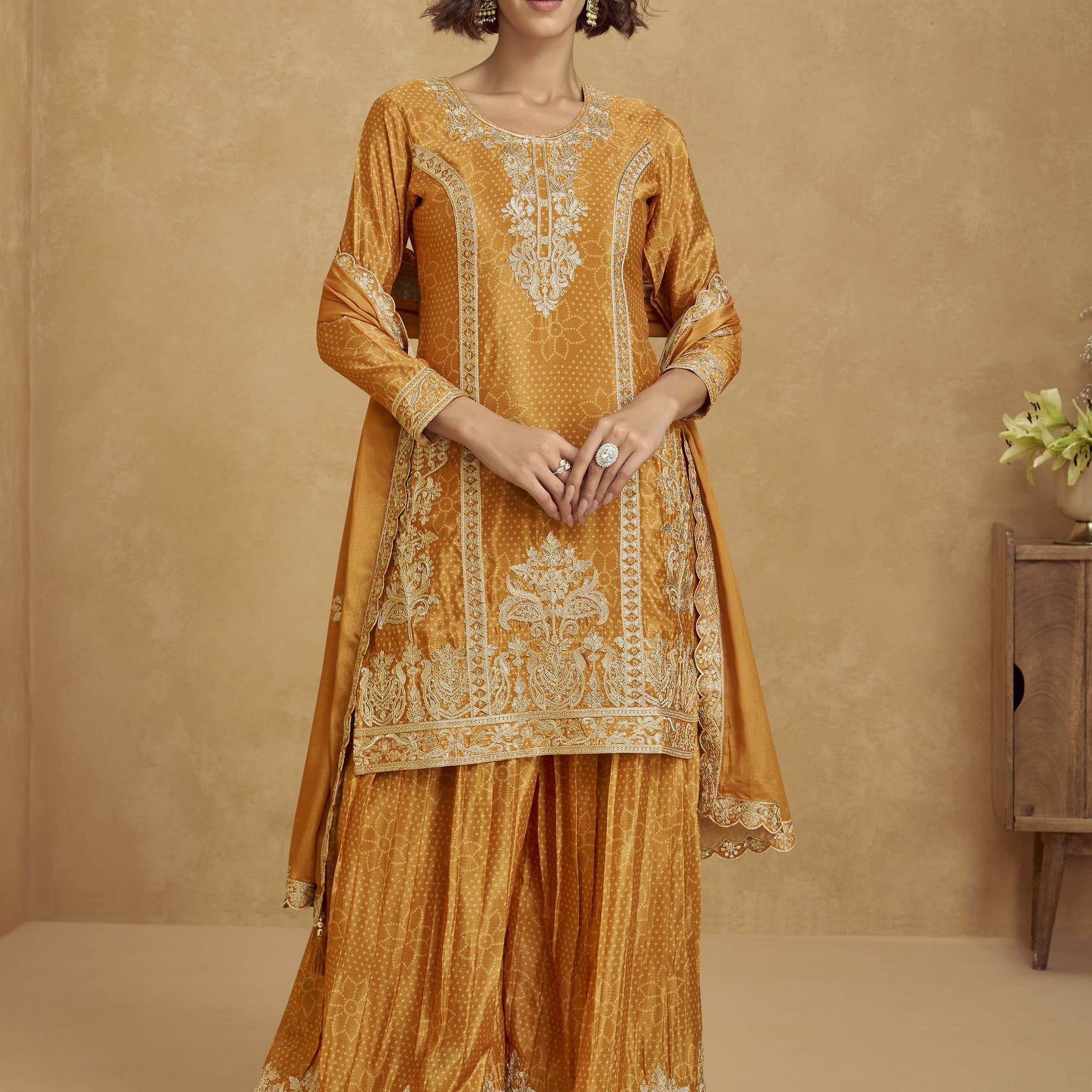 Alluring Mustard Yellow Sequins Chinon Party Wear Palazzo Suit With Dupatta - Zeel Clothing
