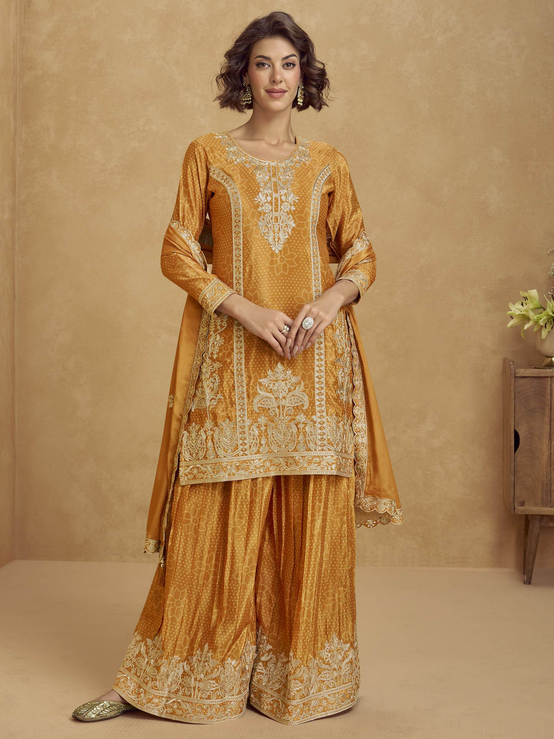 Alluring Mustard Yellow Sequins Chinon Party Wear Palazzo Suit With Dupatta - Zeel Clothing