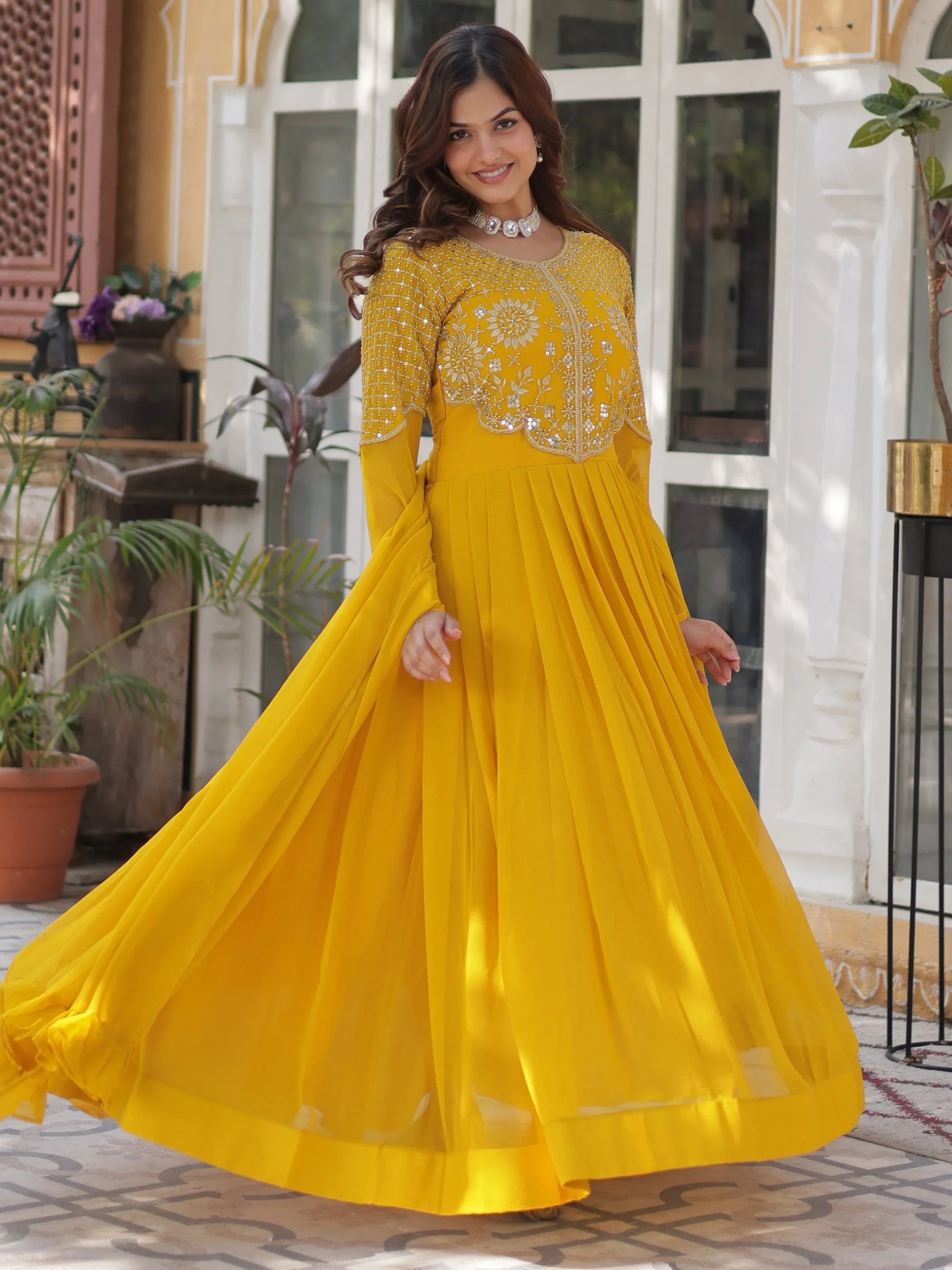 Alluring Mustard Yellow Zari Work Georgette Haldi Wear Gown With Dupatta - Zeel Clothing