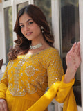 Alluring Mustard Yellow Zari Work Georgette Haldi Wear Gown With Dupatta - Zeel Clothing