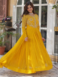 Alluring Mustard Yellow Zari Work Georgette Haldi Wear Gown With Dupatta - Zeel Clothing