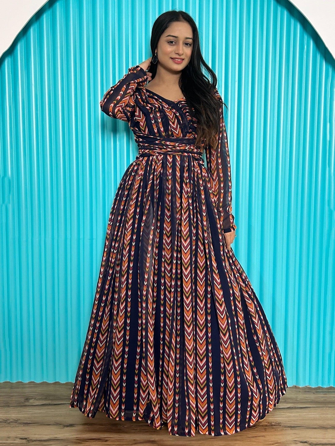 Alluring Navy-Blue & Orange Digital Printed Georgette Designer Gown