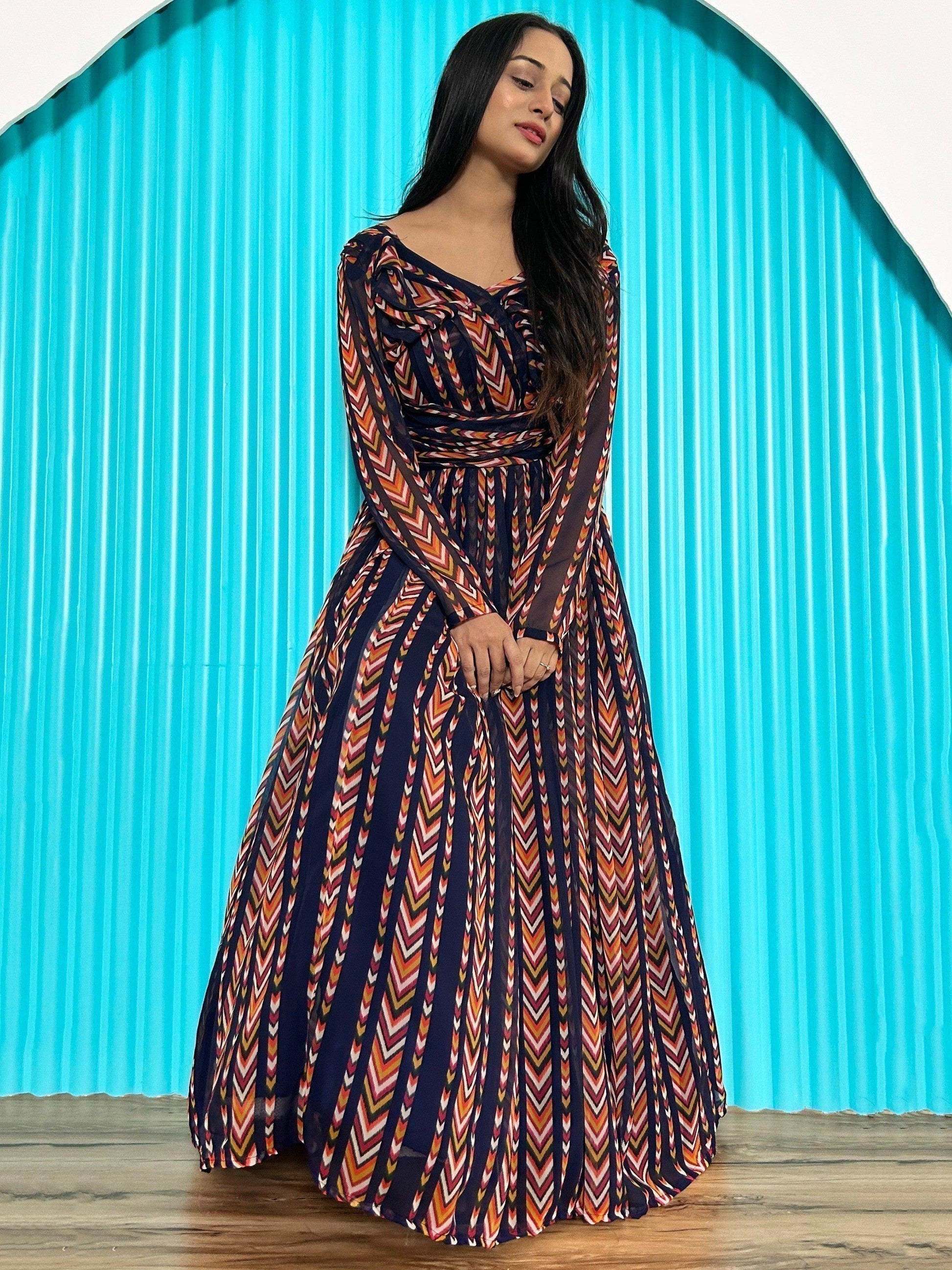 Alluring Navy-Blue & Orange Digital Printed Georgette Designer Gown - Zeel Clothing