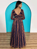 Alluring Navy-Blue & Orange Digital Printed Georgette Designer Gown - Zeel Clothing